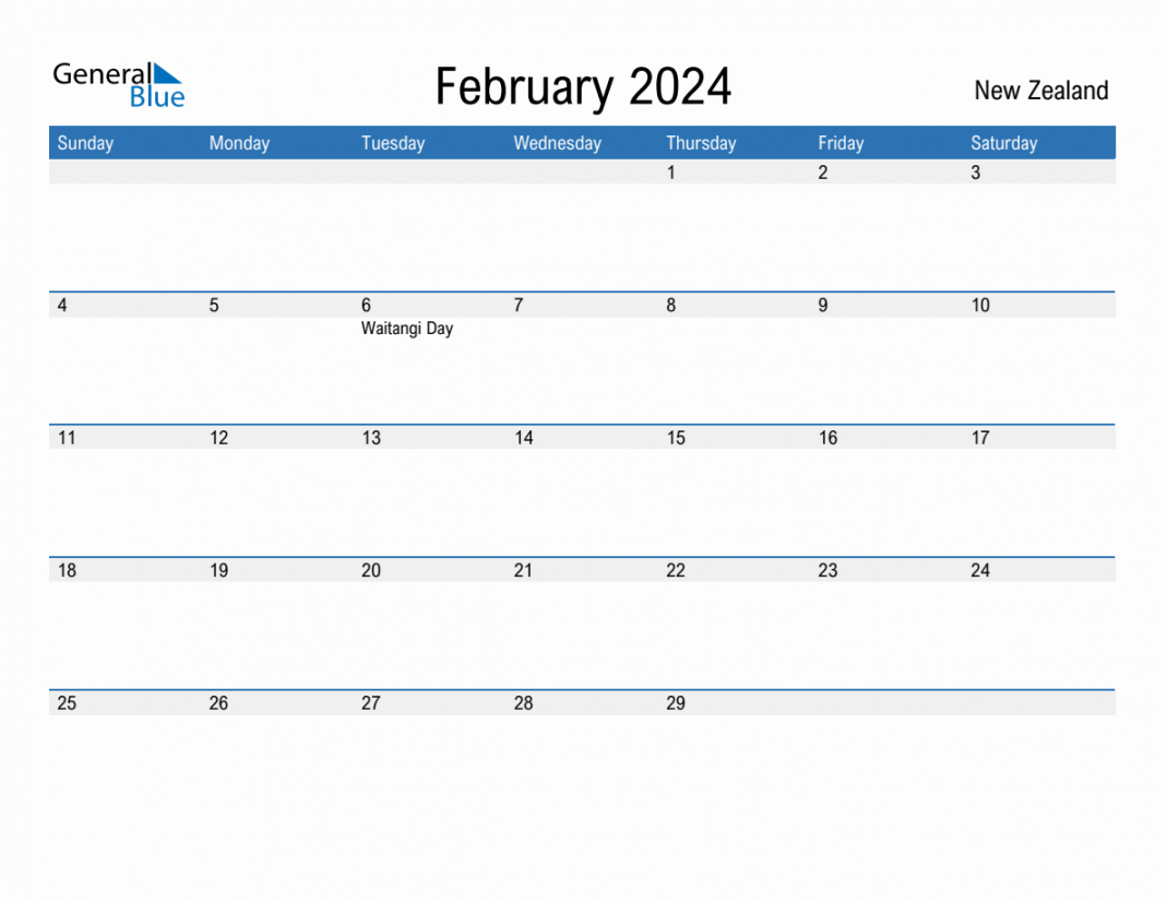 February  Monthly Calendar with New Zealand Holidays