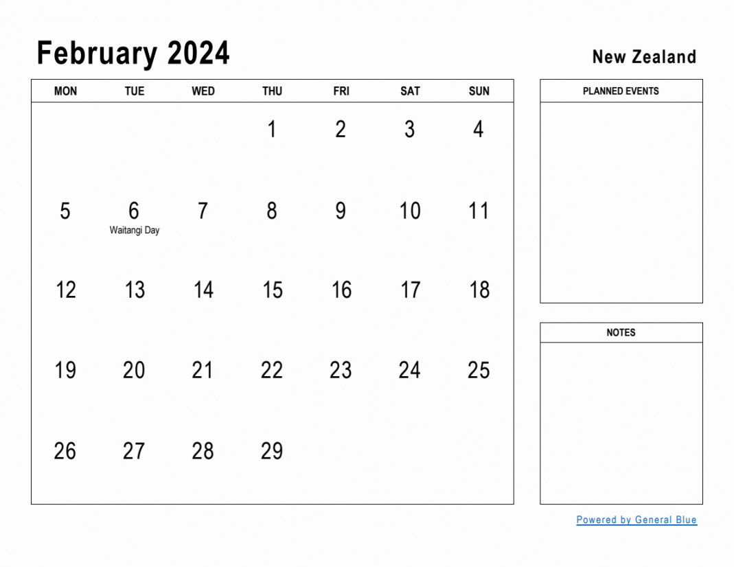 February  Planner with New Zealand Holidays