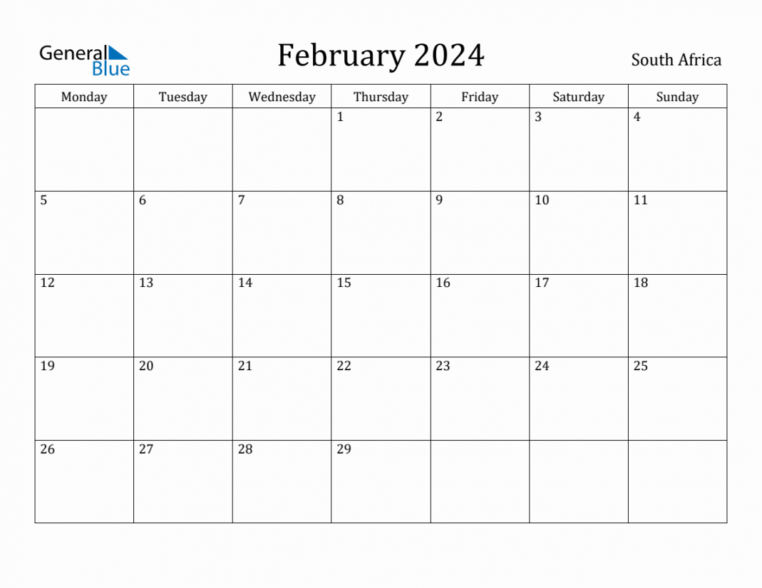 February  - South Africa Monthly Calendar with Holidays