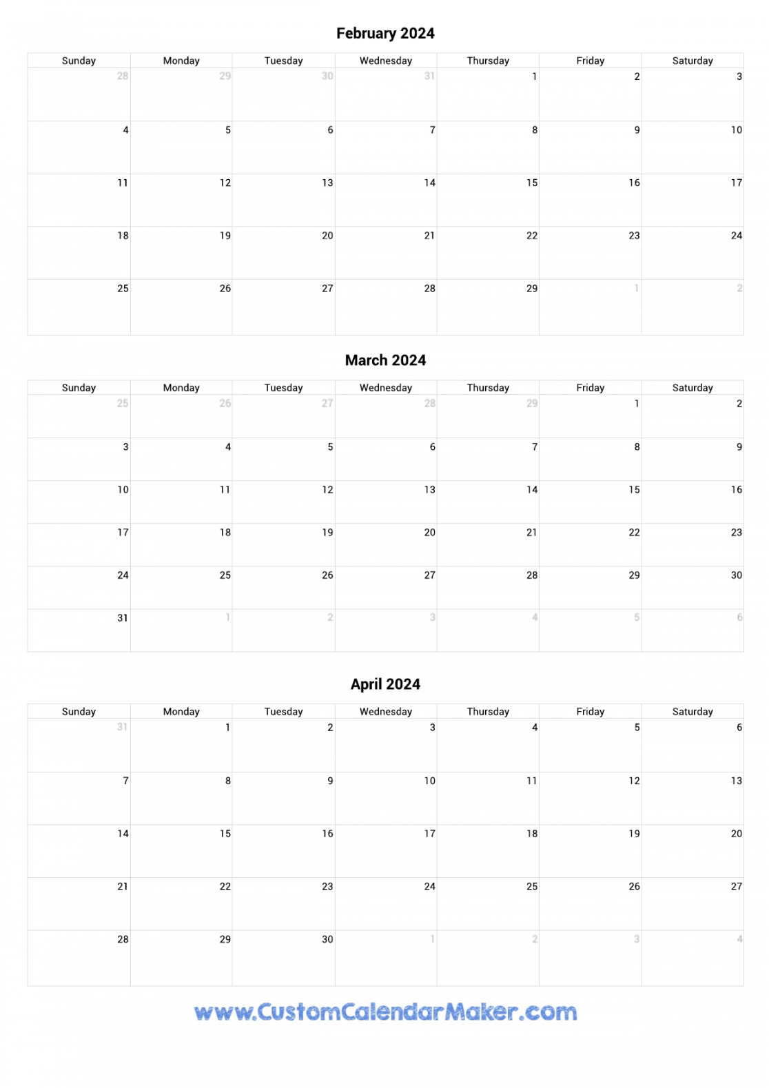 February to April  Calendar Printable