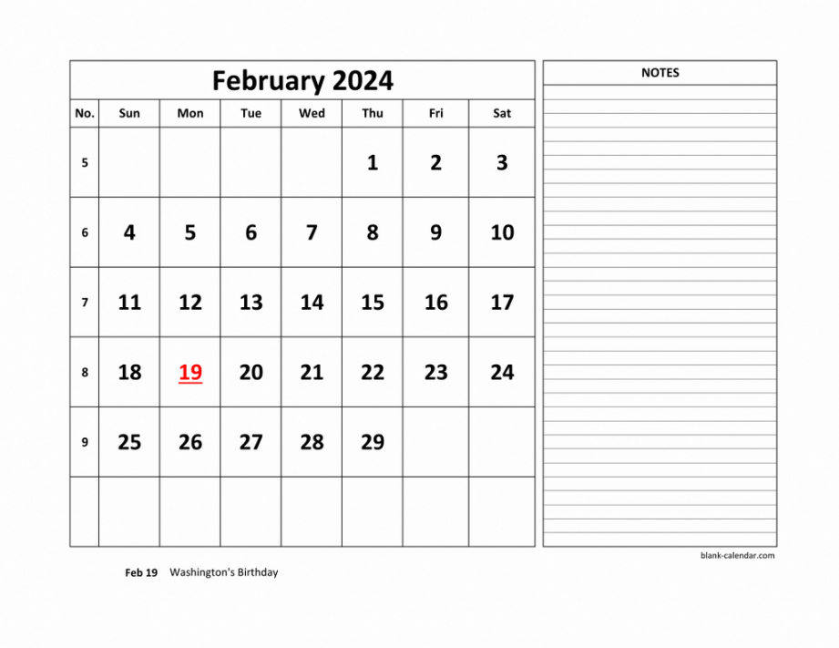 Free Download Printable February  Calendar, large space for