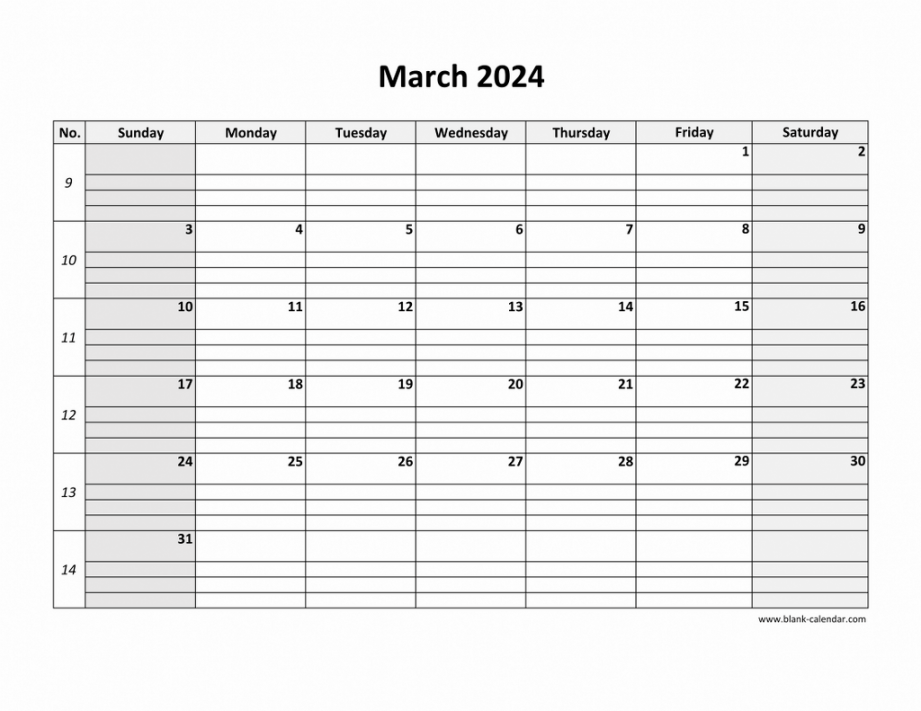 Free Download Printable March  Calendar, large box grid, space