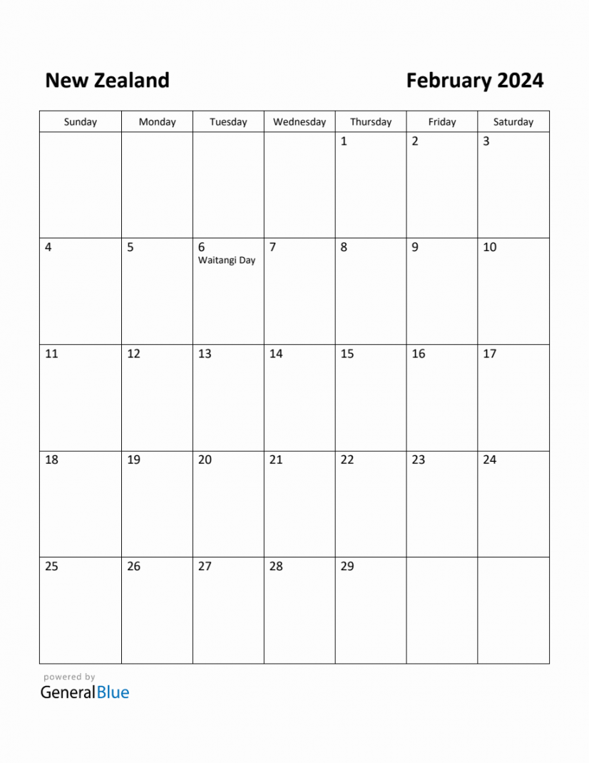 Free Printable February  Calendar for New Zealand