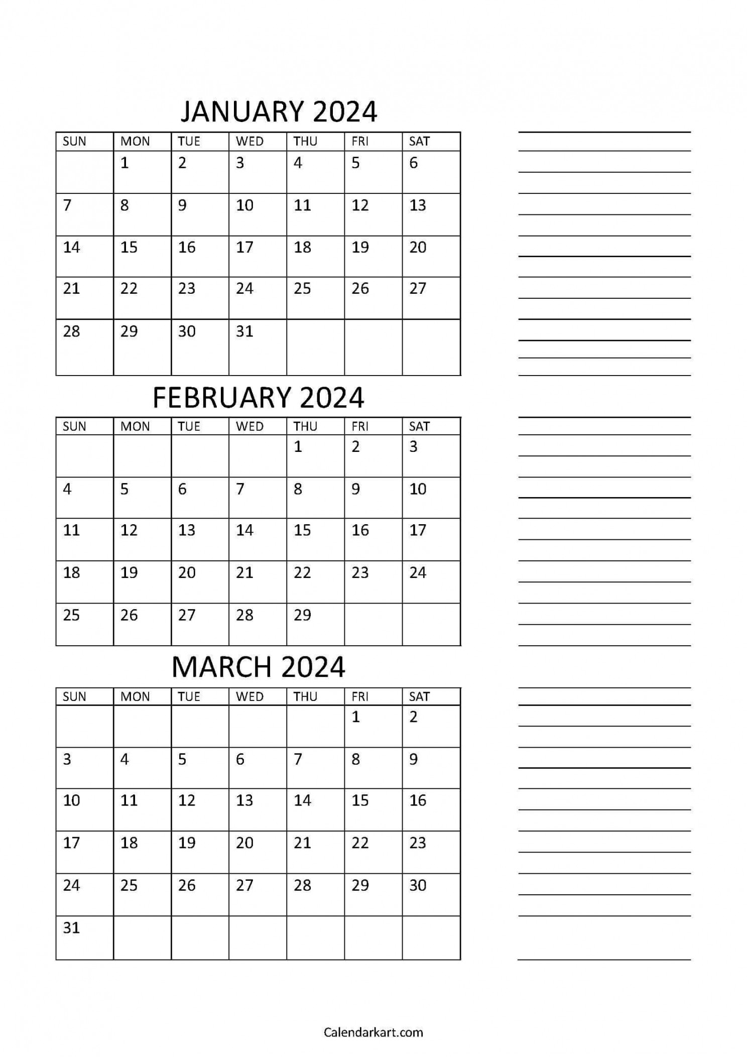 Free Printable January to March  Calendar - CalendarKart