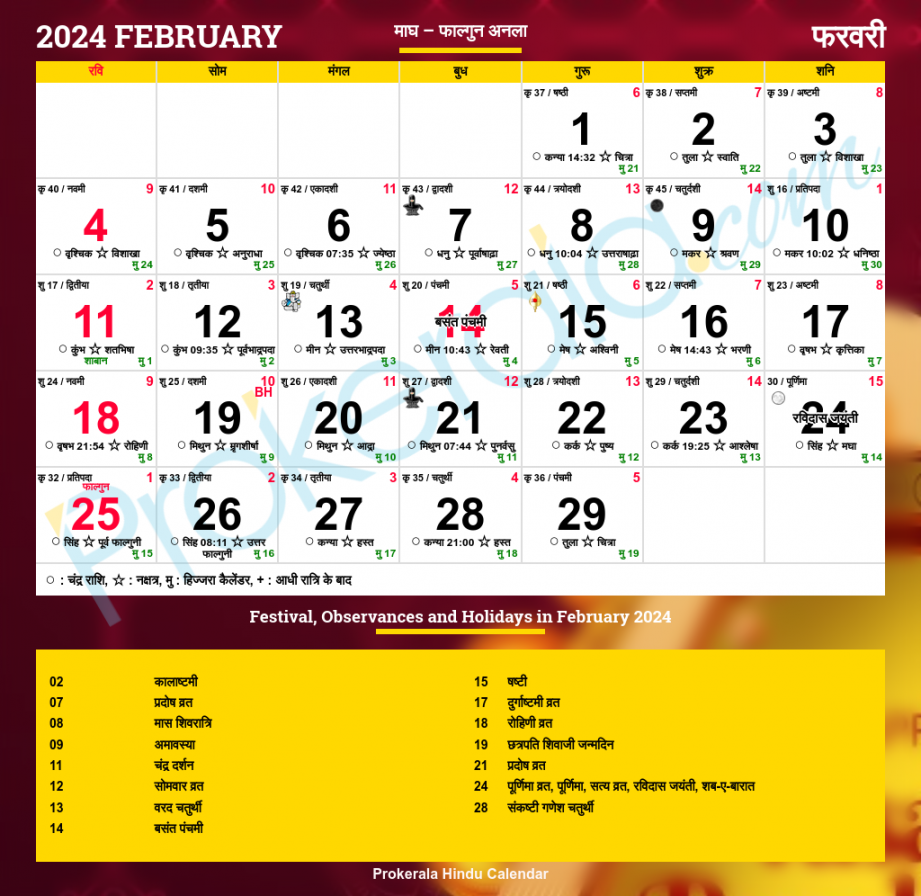 Hindu Calendar , February