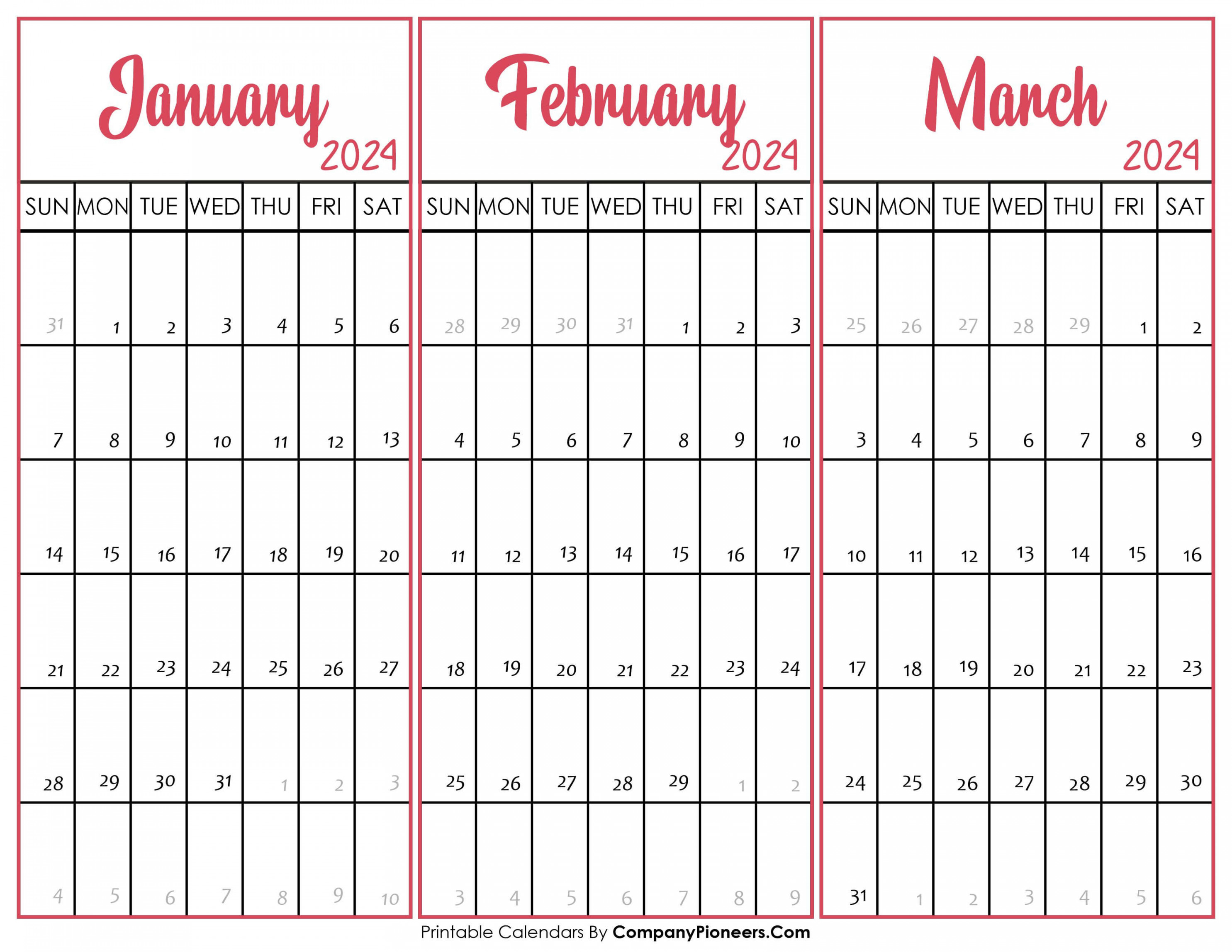 January February March  Calendar Printable - Template