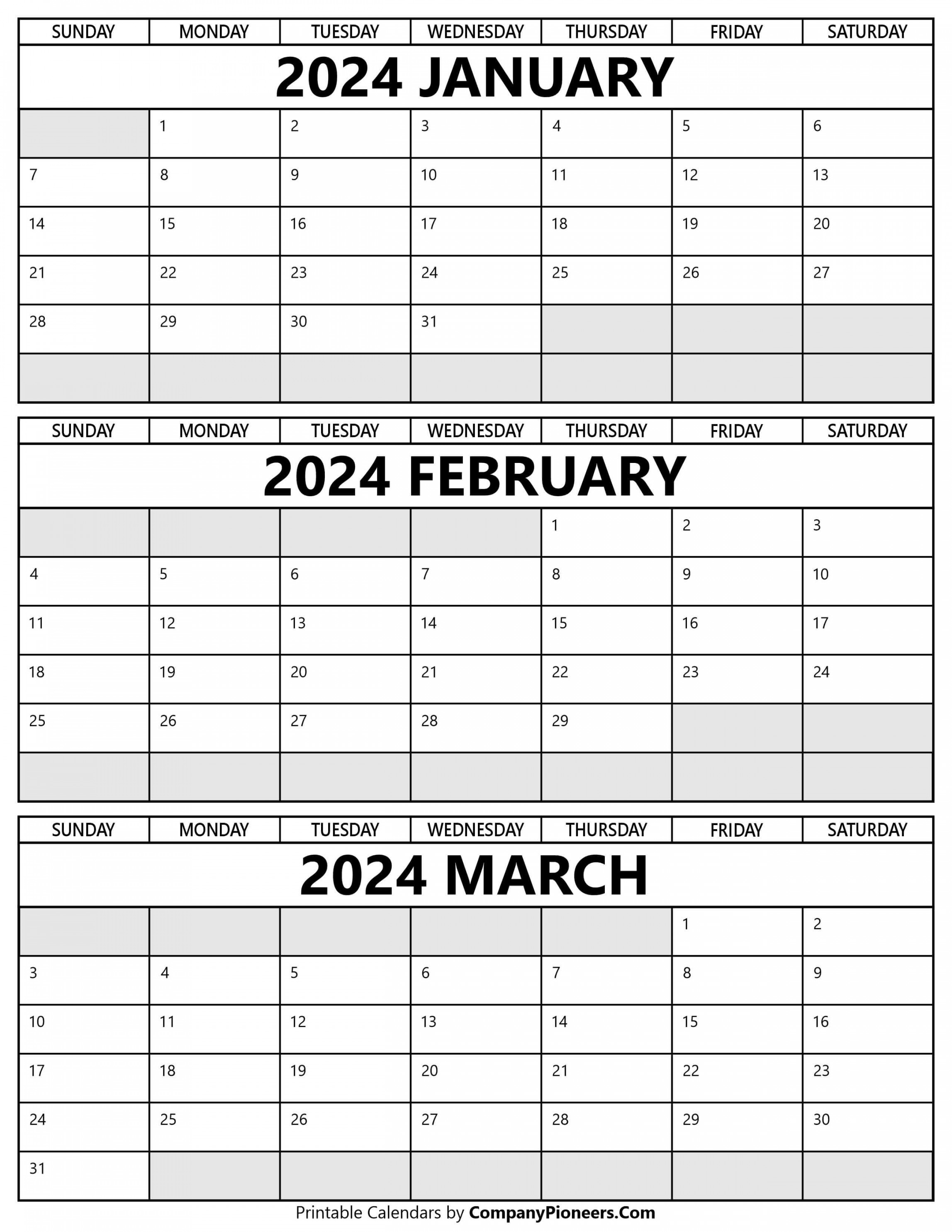 January February March  Calendar Printable - Template