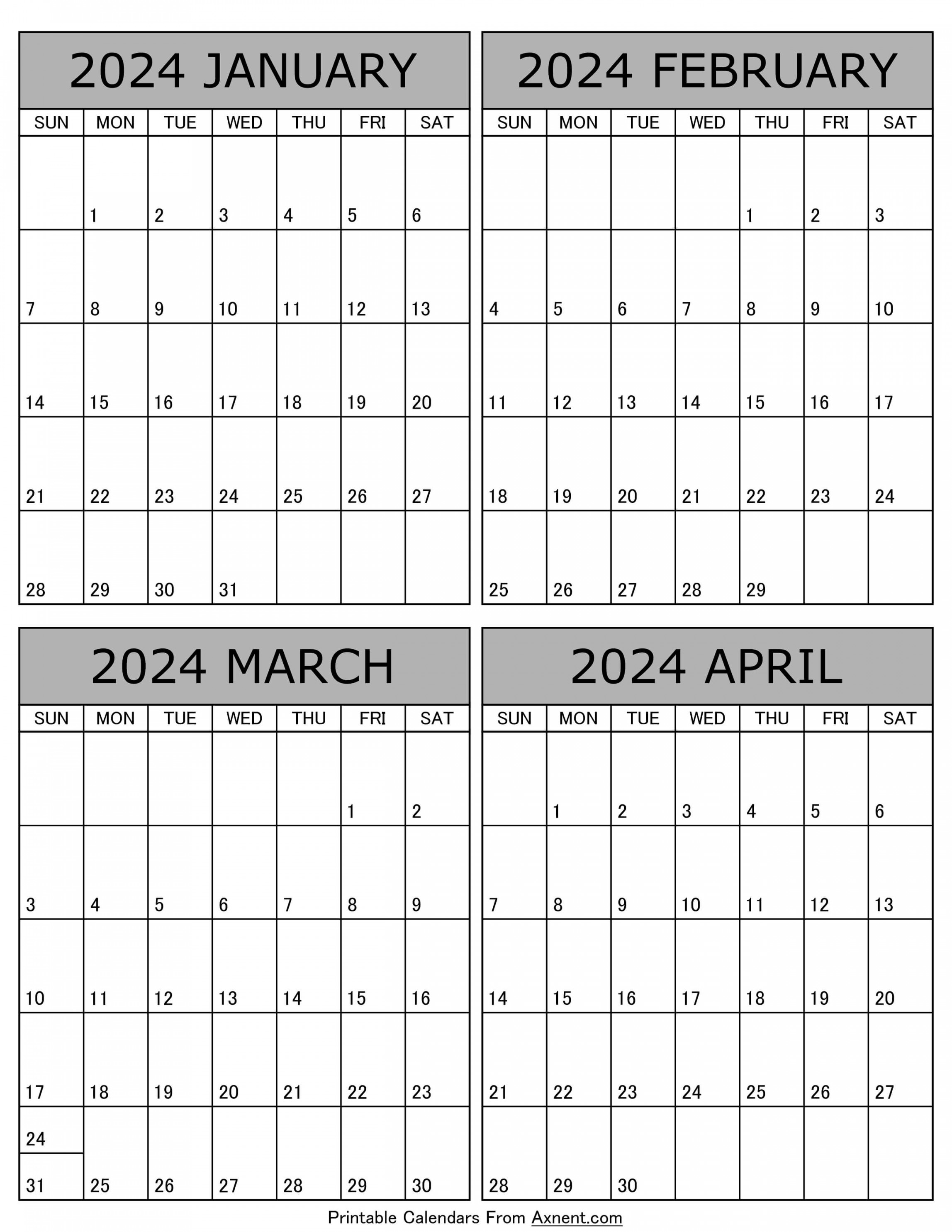 January To April  Calendar Templates - Four Months