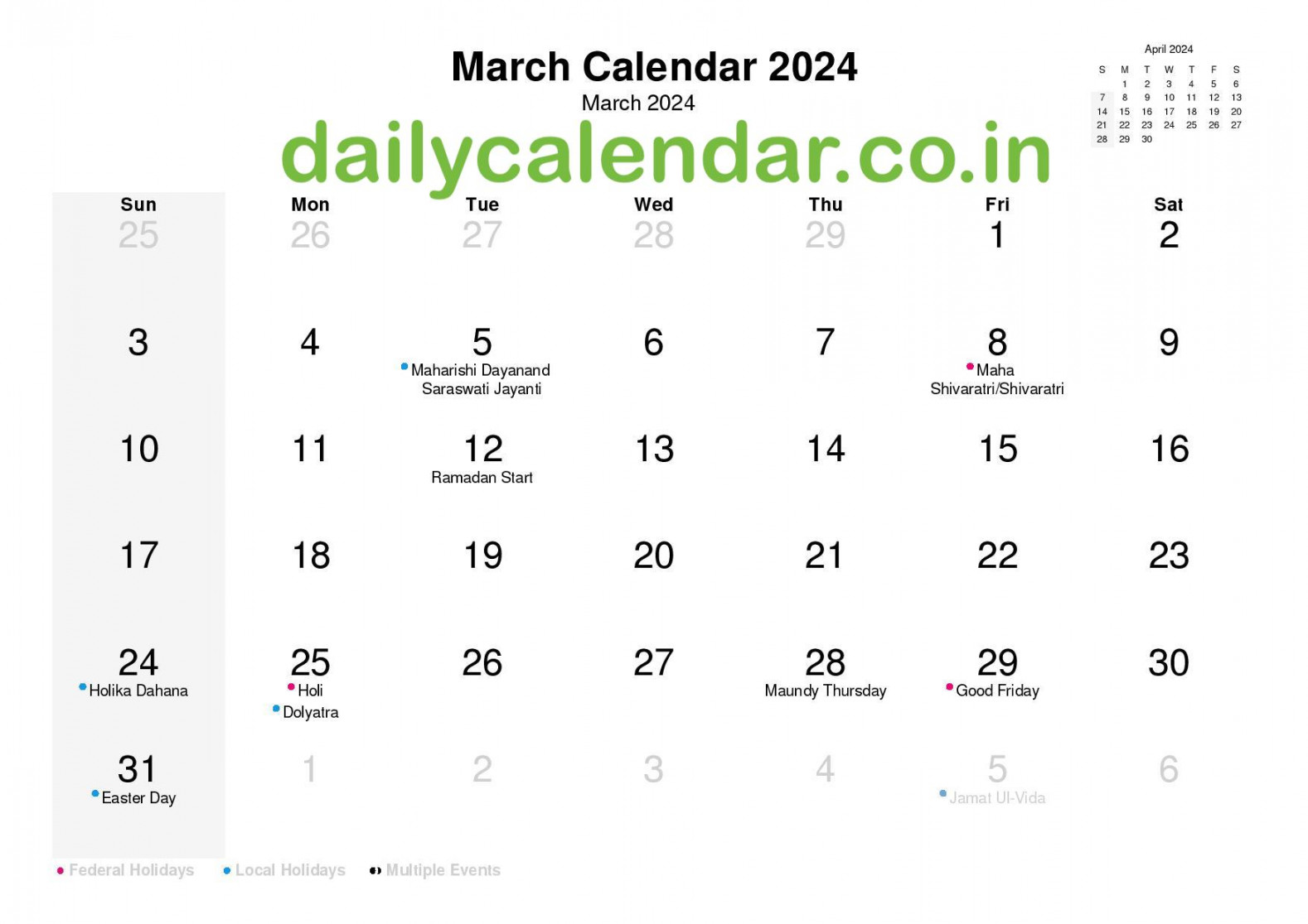 March  Calendar with Holidays India [HOLI DATE]