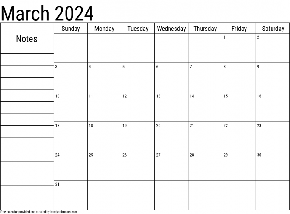March  Calendar With Notes - Handy Calendars