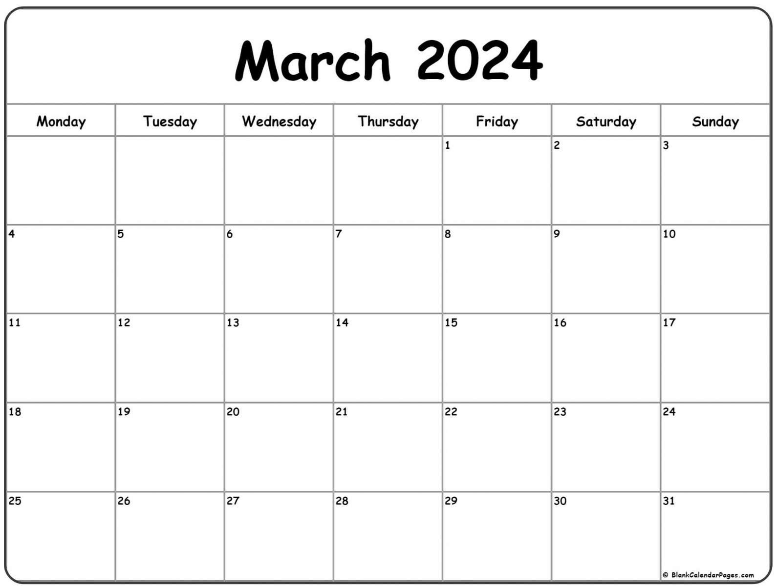 March  Monday Calendar  Monday to Sunday