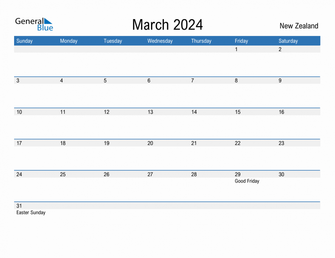 March  Monthly Calendar with New Zealand Holidays