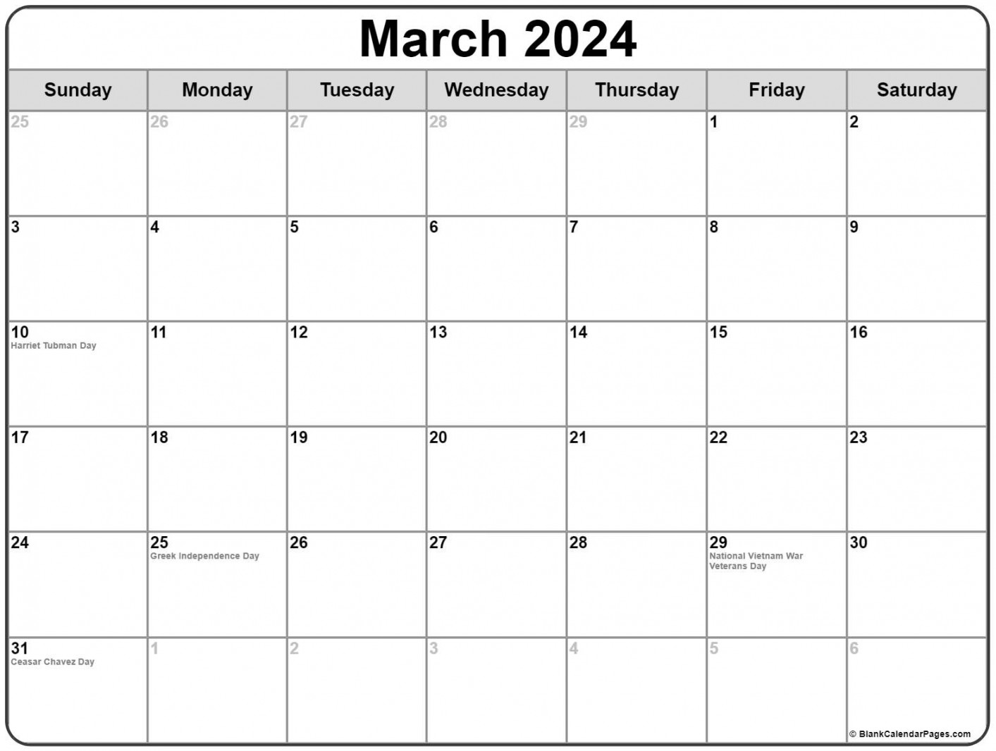 March  with holidays calendar