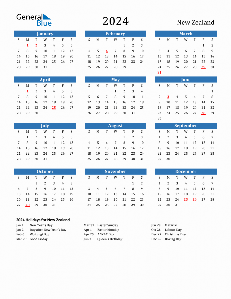 New Zealand Calendar with Holidays