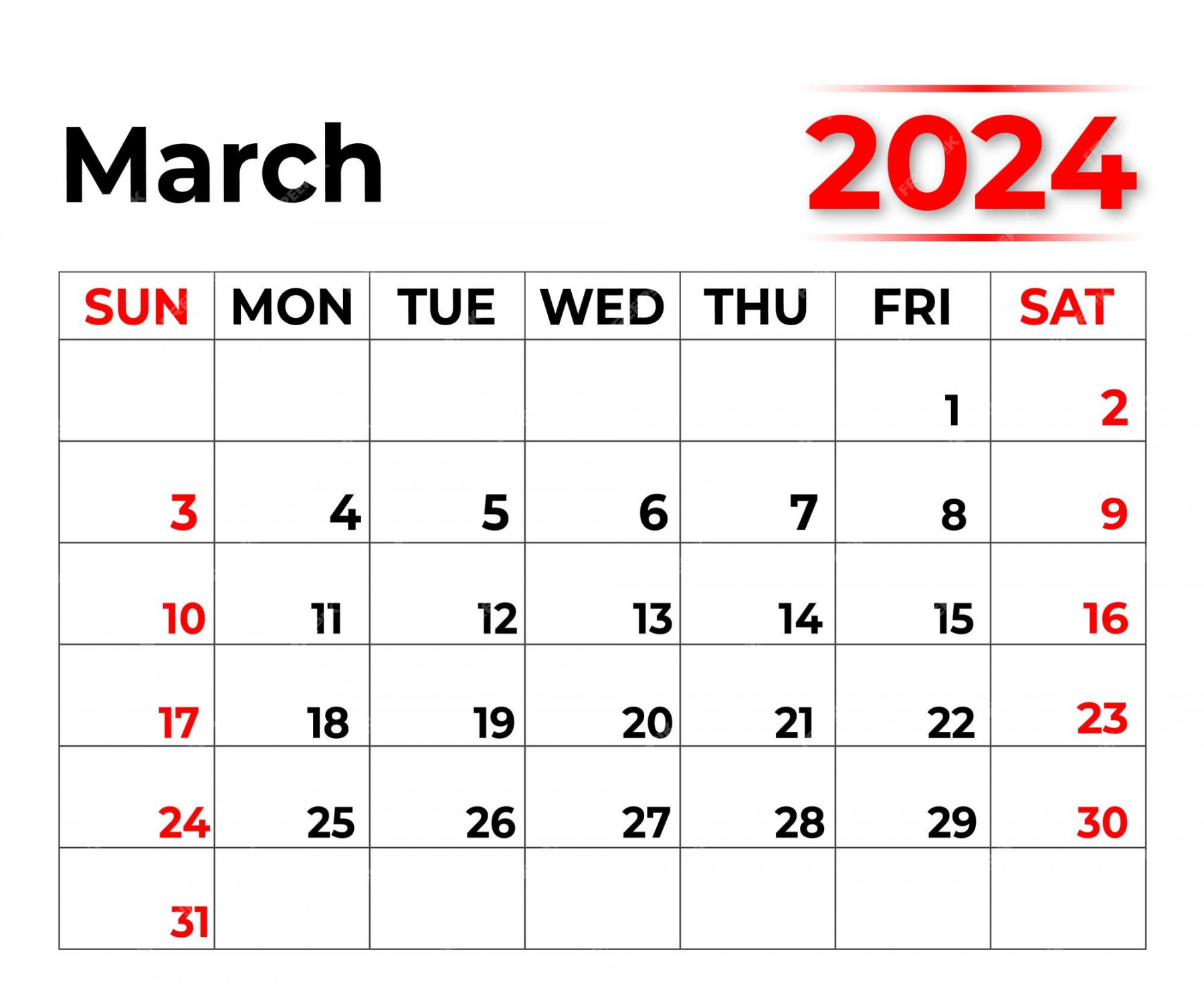 Premium Vector  March , monthly calendar, week starts from