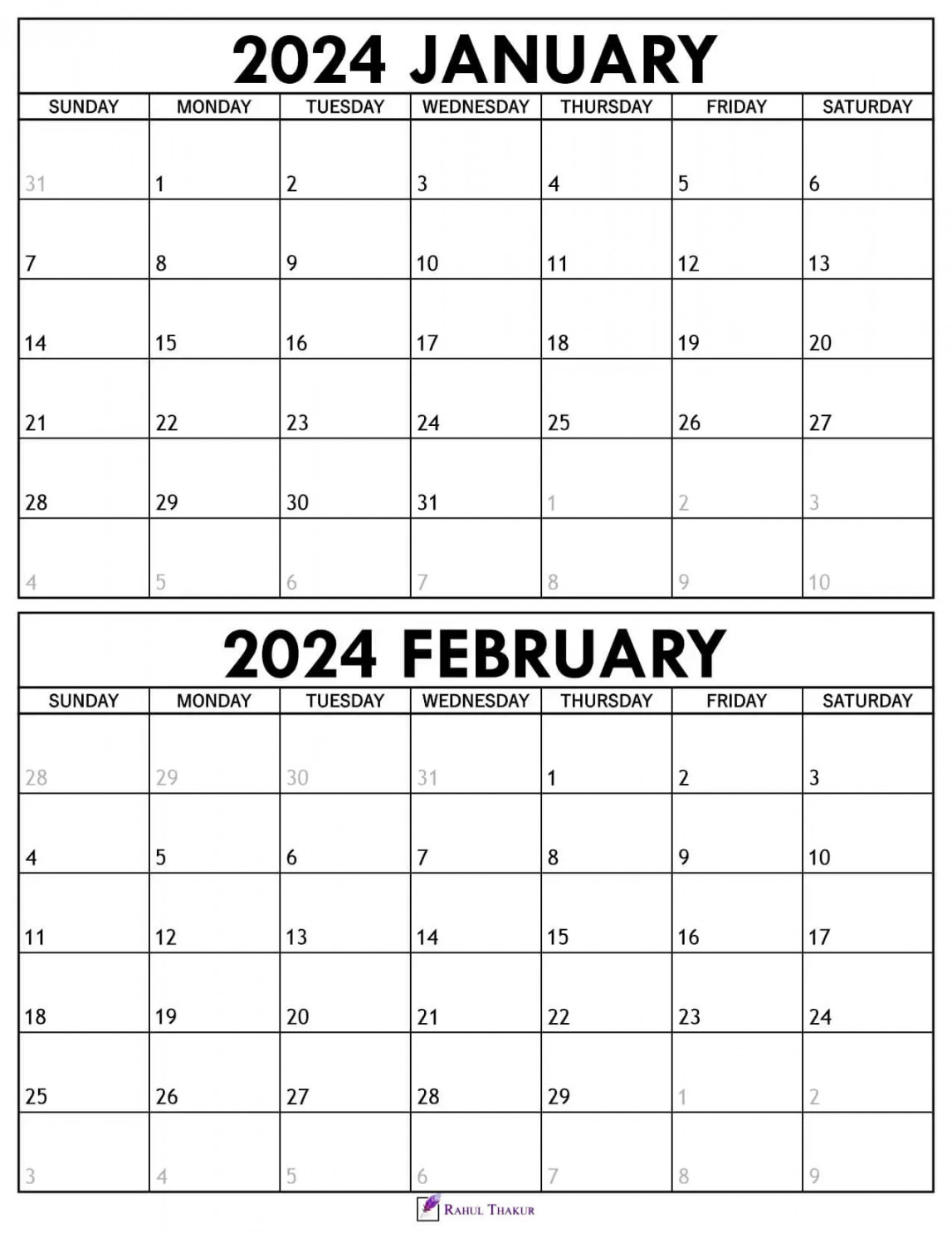 Printable January February  Calendar Template - Thakur Writes