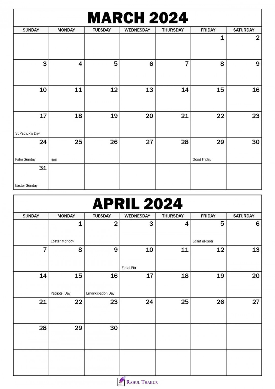 Printable March April  Calendar Template - Thakur Writes