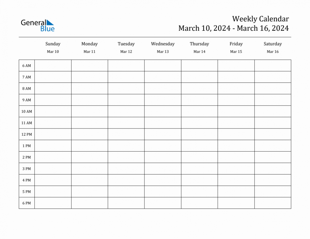 Weekly Calendar - March ,  to March ,  - General Blue