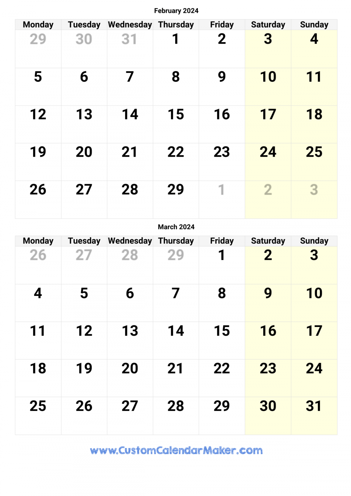 February and March  Calendar