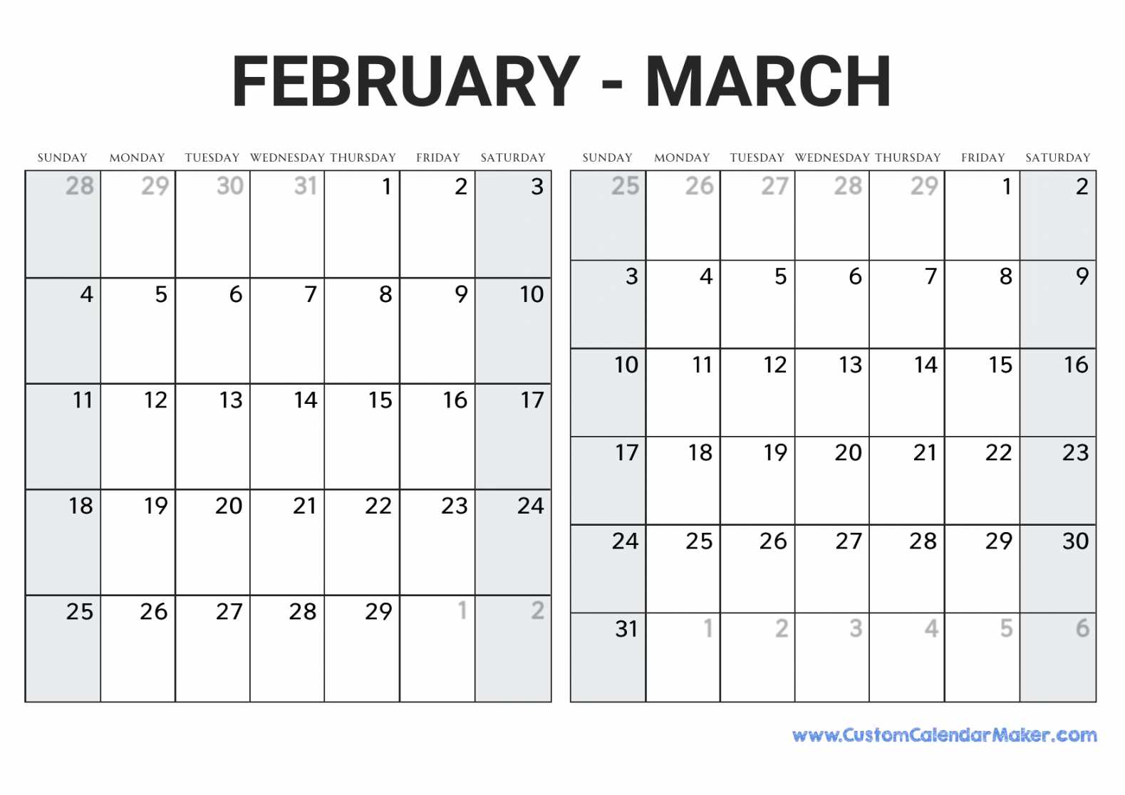 February and March  Calendar