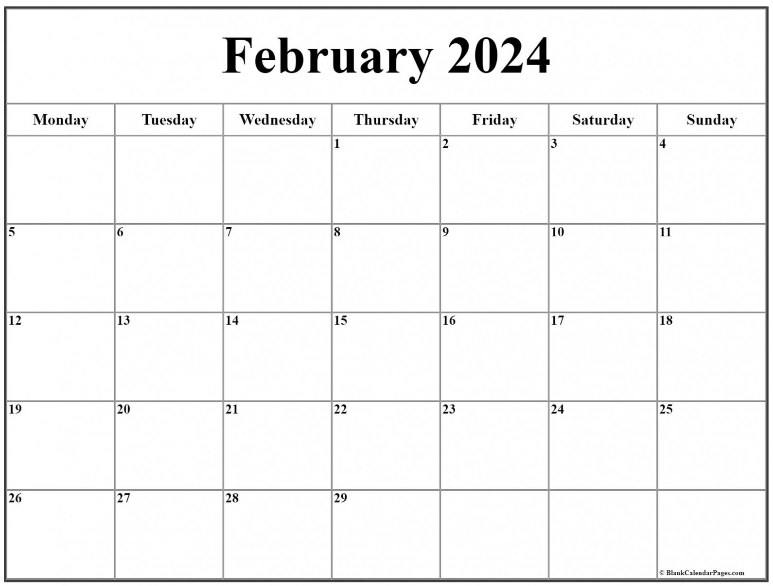 February  Monday Calendar  Monday to Sunday