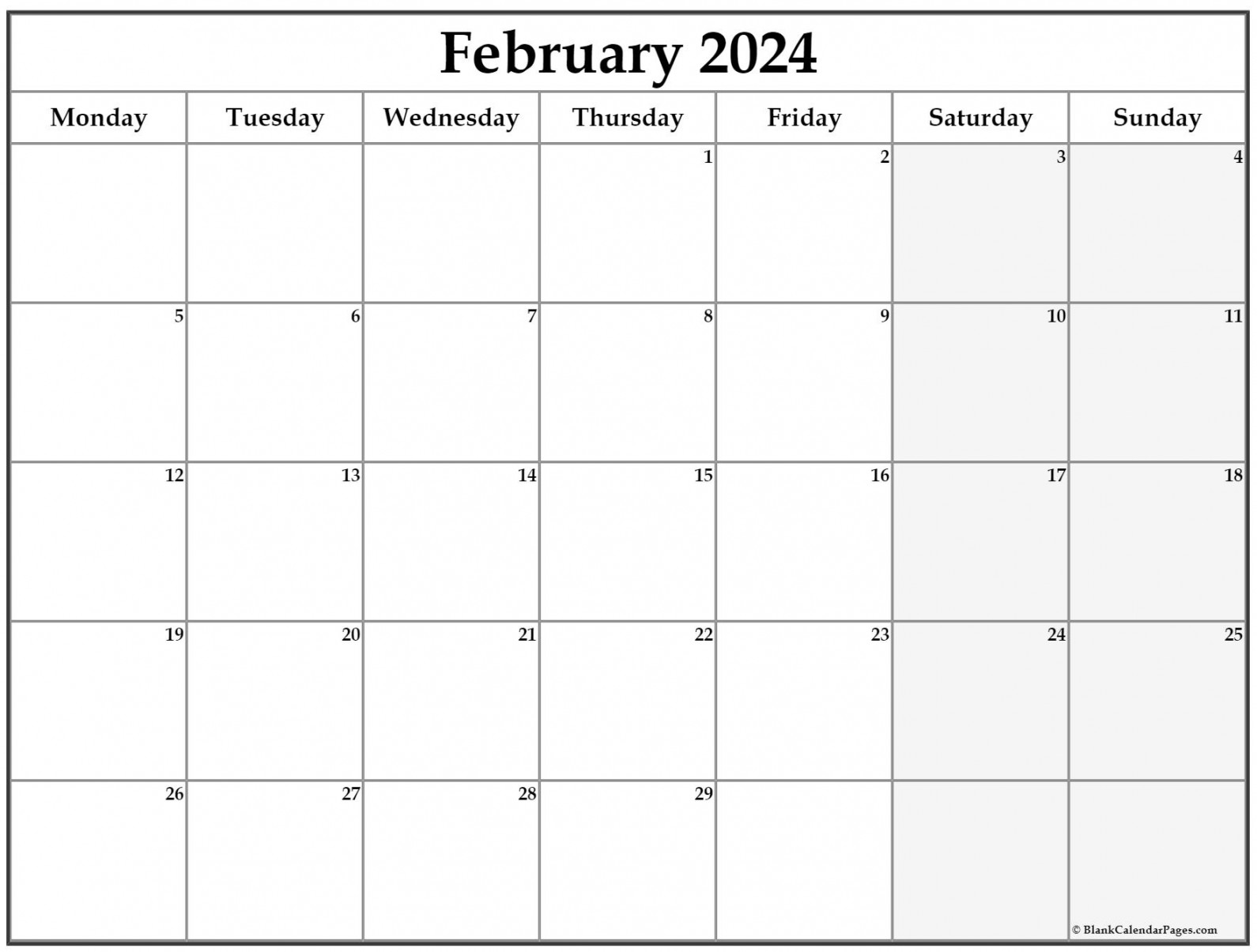 February  Monday Calendar  Monday to Sunday