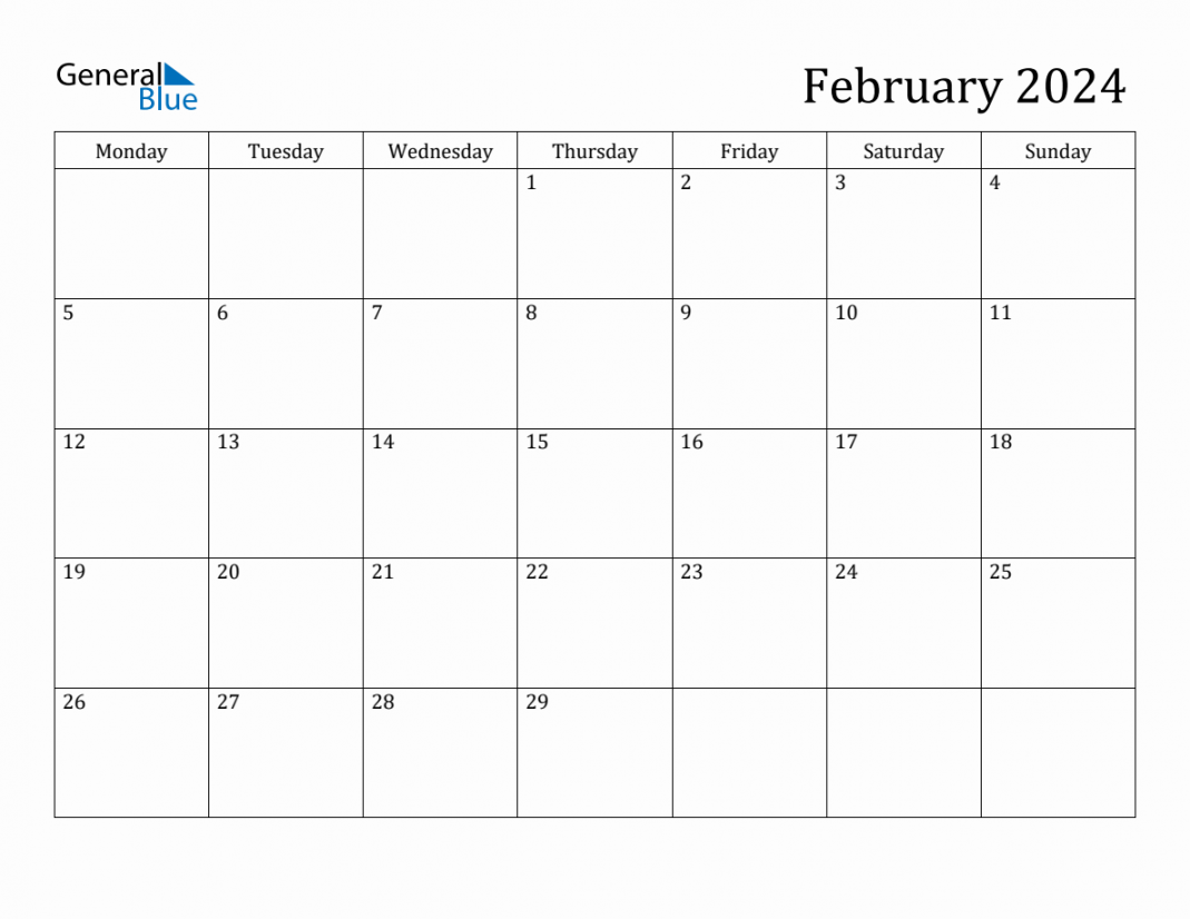 February monday start calendar (pdf, excel, word)