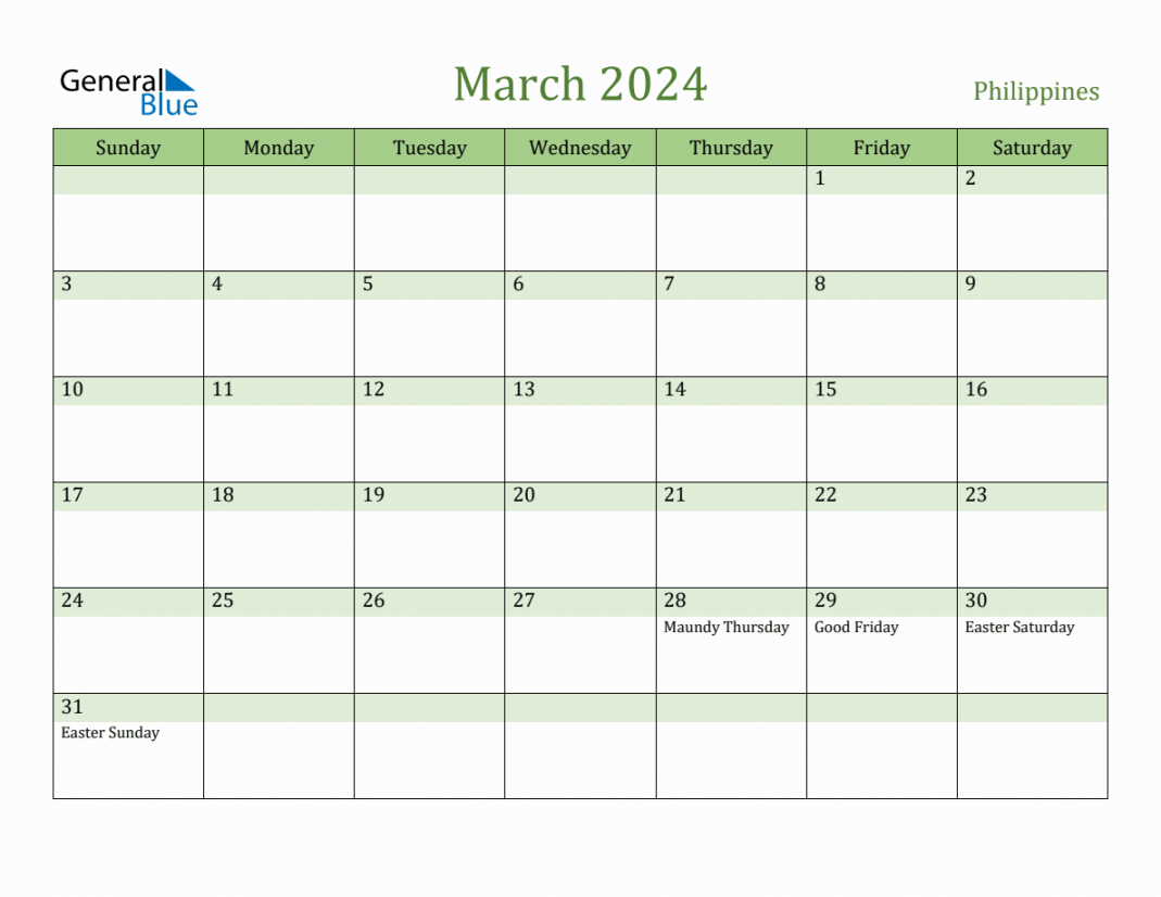Fillable Holiday Calendar for Philippines - March