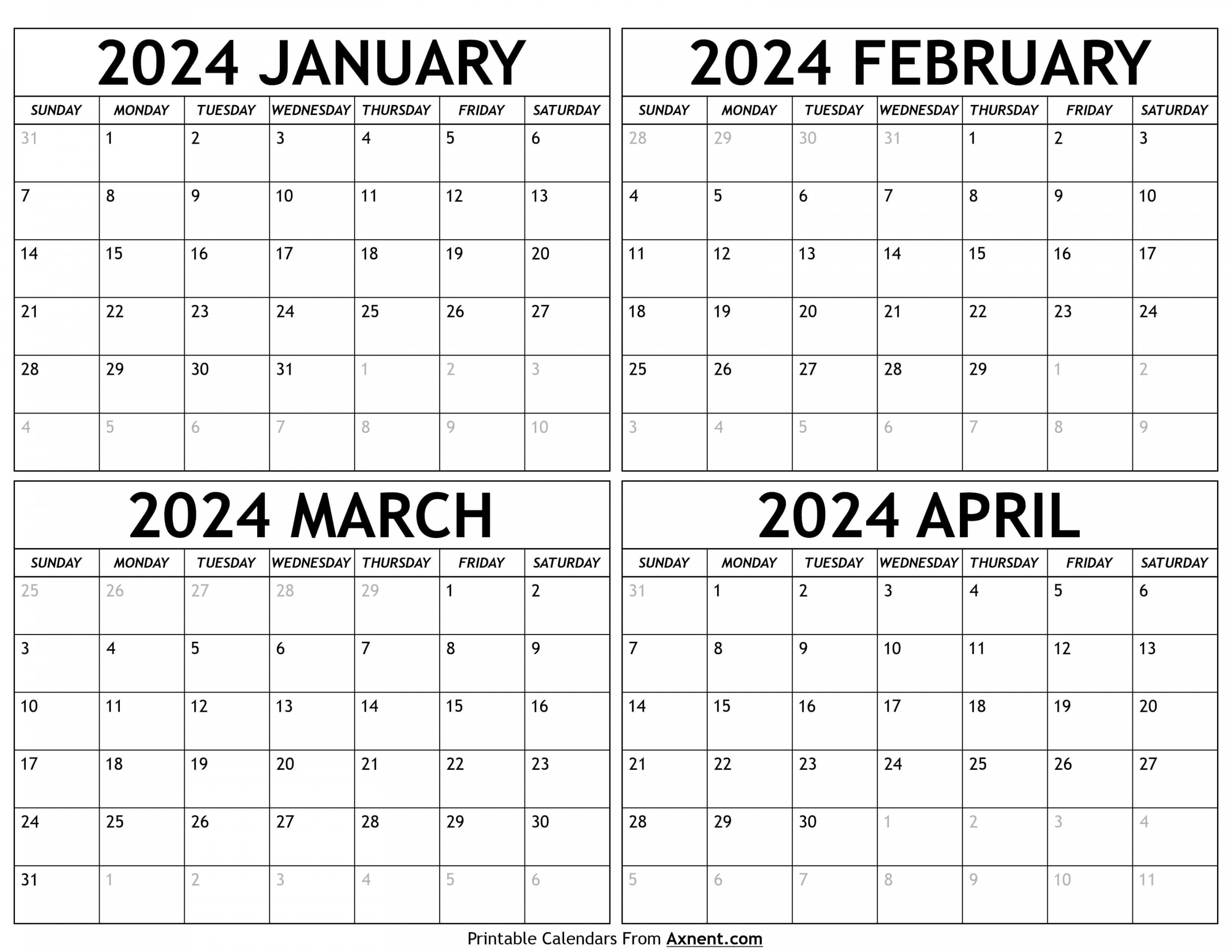 January To April  Calendar Templates - Four Months