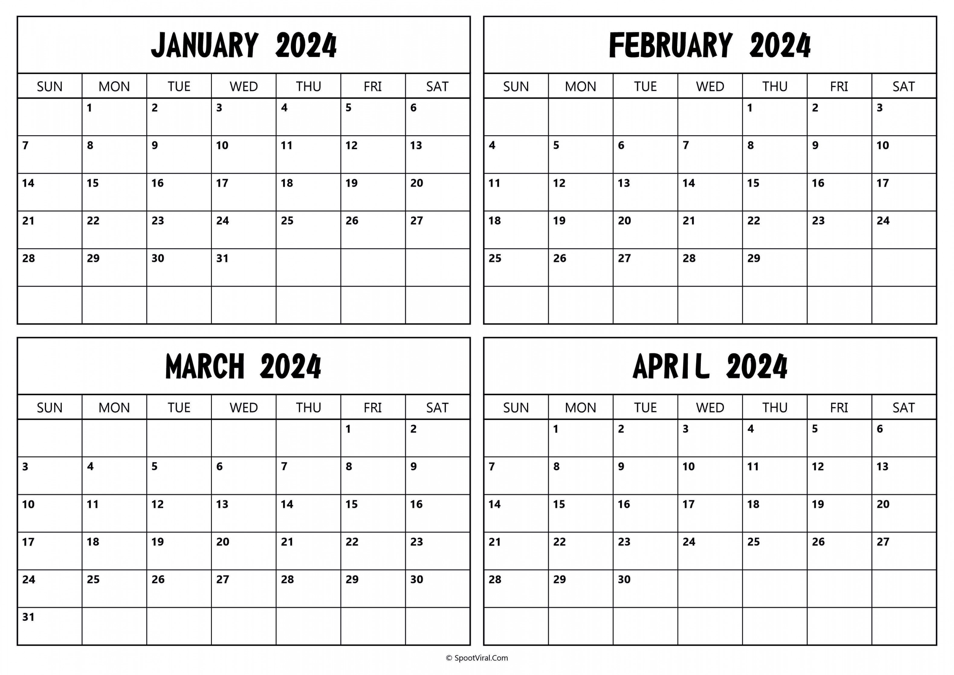 January To April  Calendar Templates- SpootViral