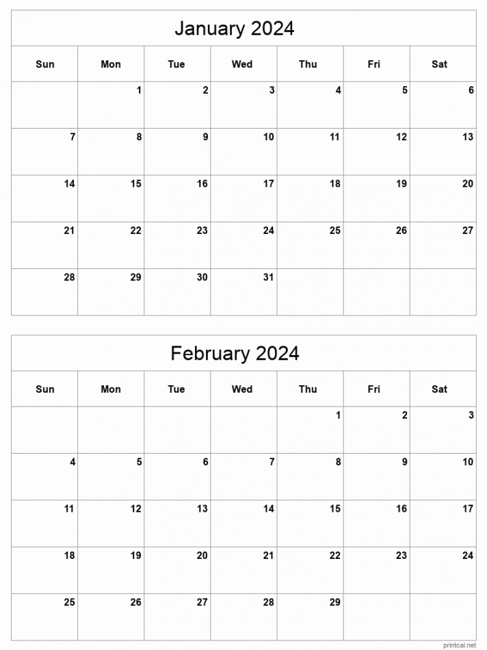 January to February  Printable Calendar  Two Months Per Page