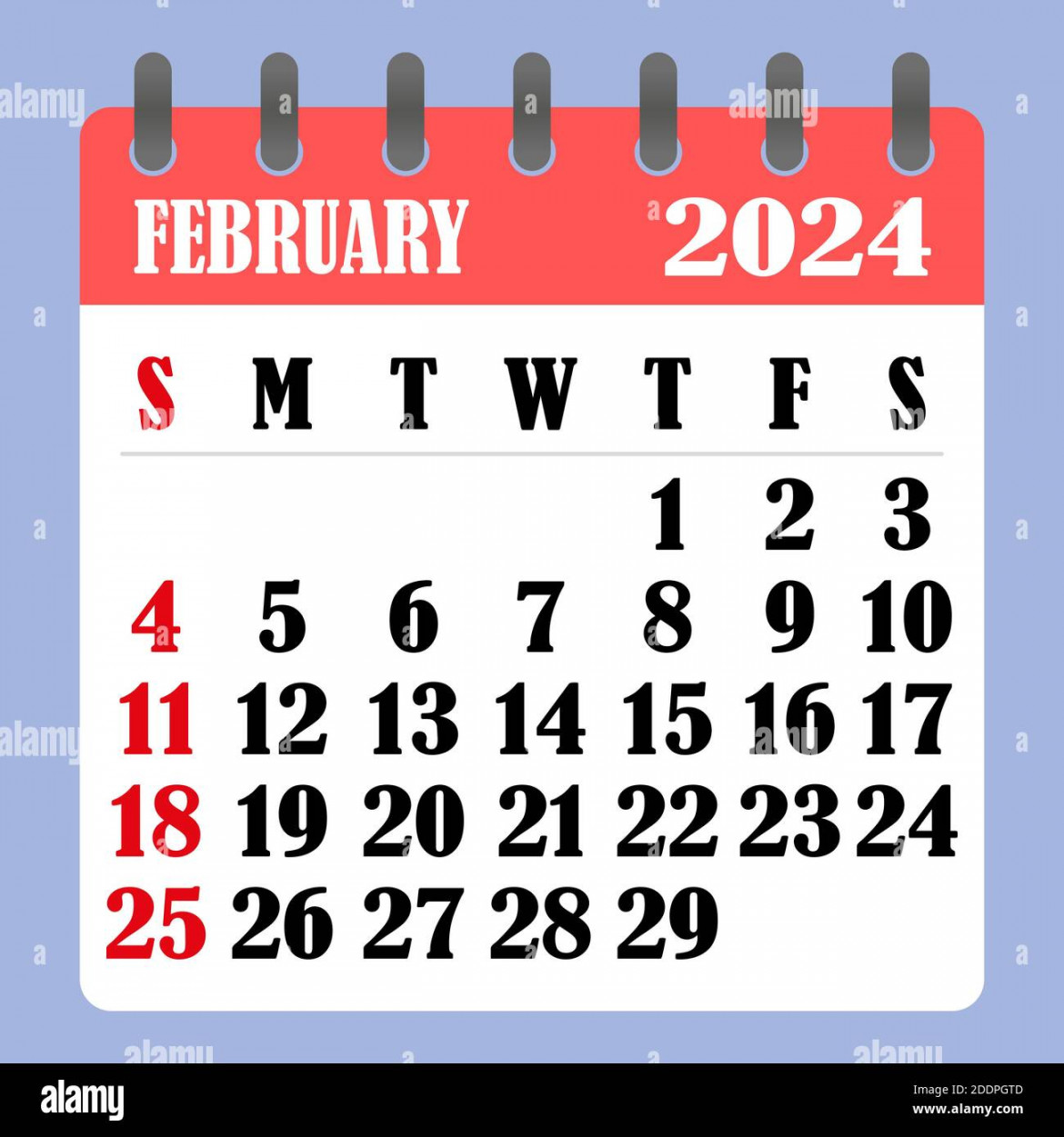 Letter calendar for february . the week begins on sunday