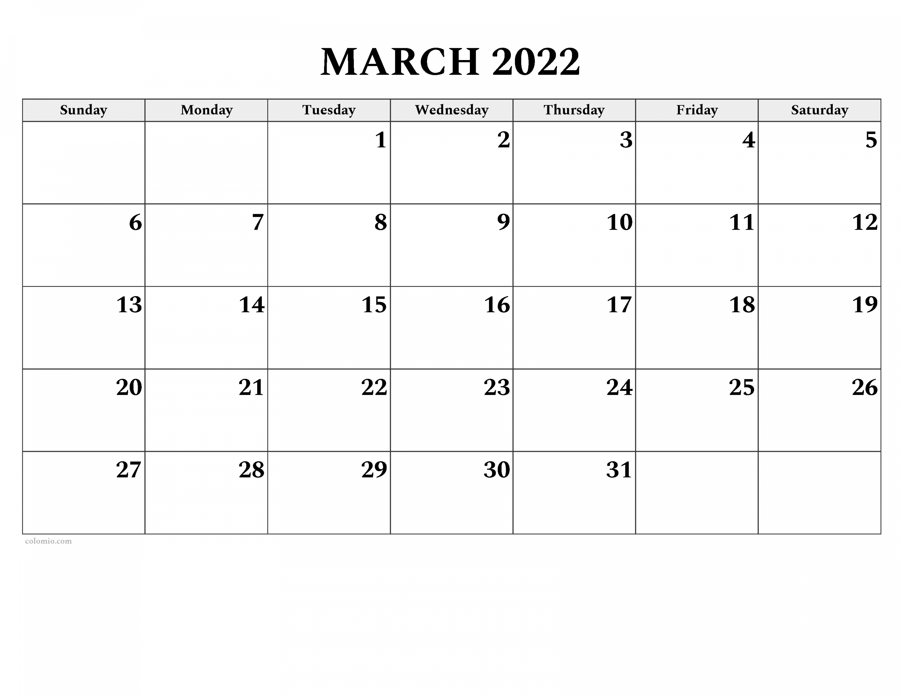 March  Calendar  Free Printable PDF, XLS and PNG