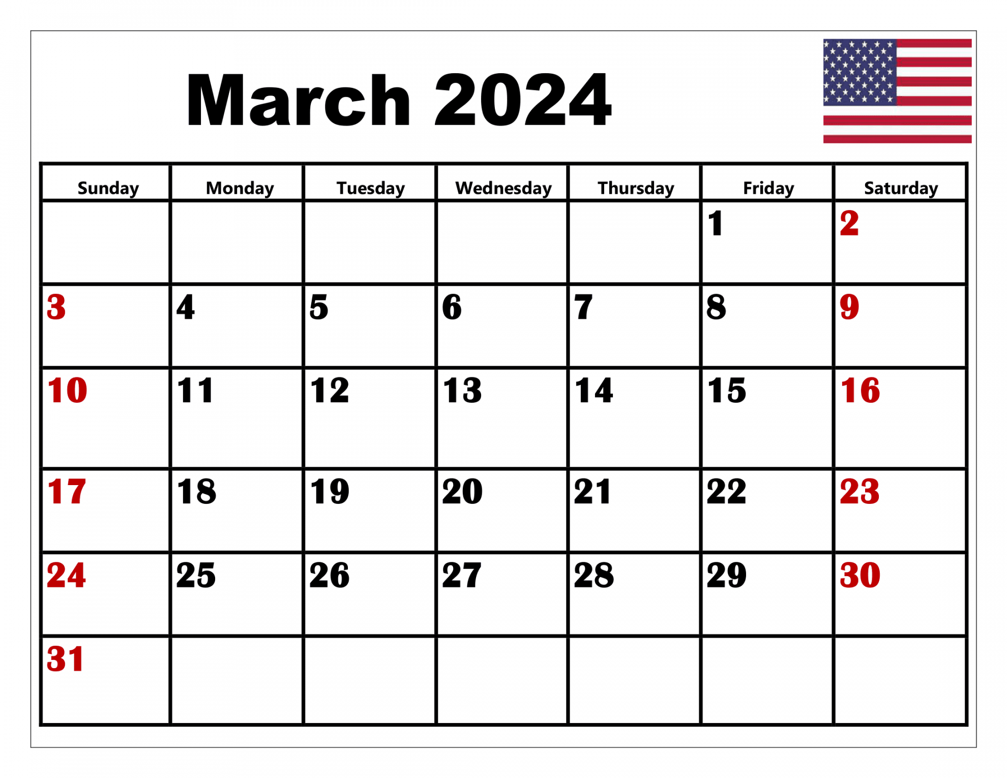 March  Calendar Printable PDF with Holidays Template Free