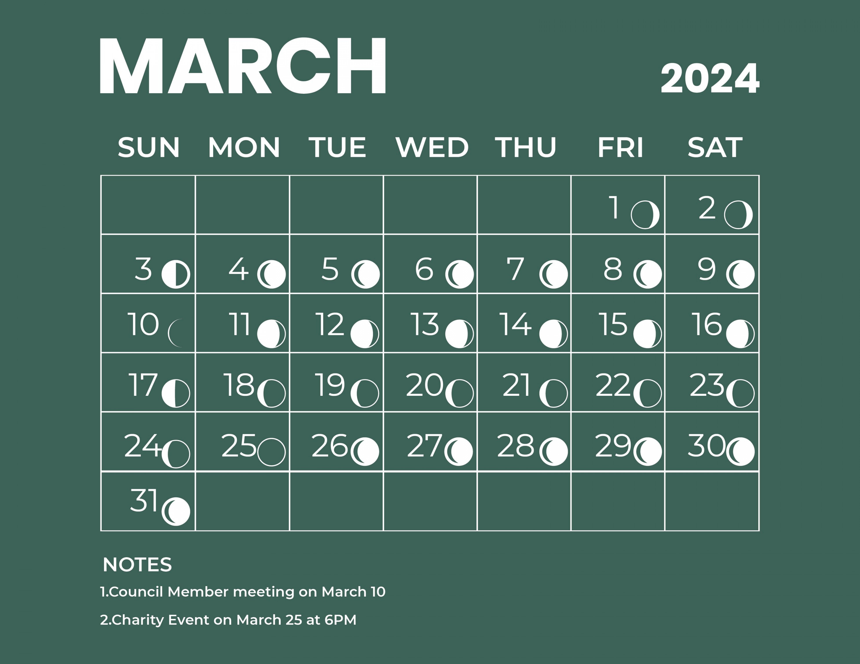 March  Calendar With Moon Phases - Download in Word