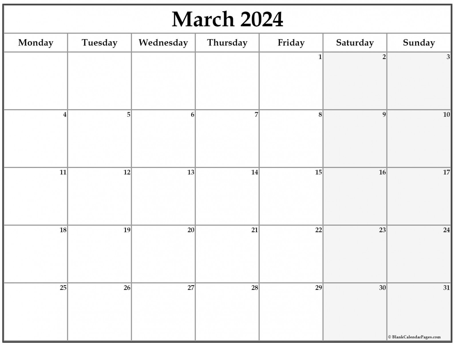 March  Monday Calendar  Monday to Sunday