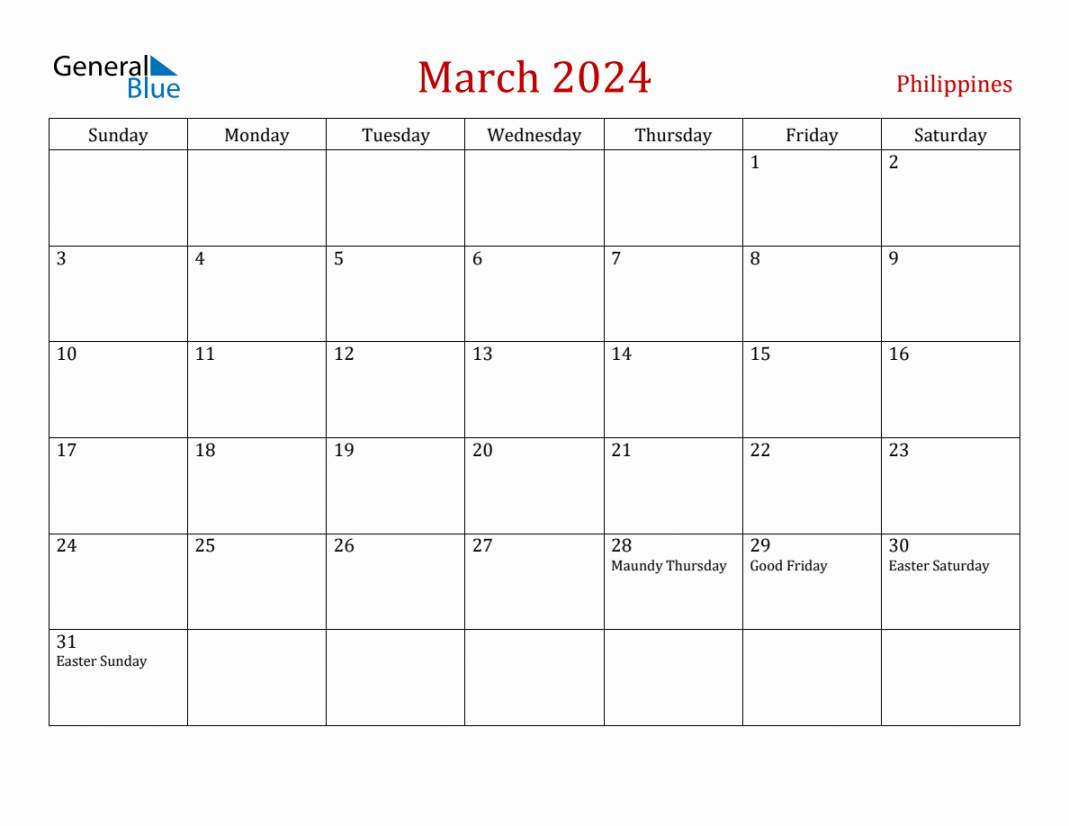 March  Philippines Monthly Calendar with Holidays