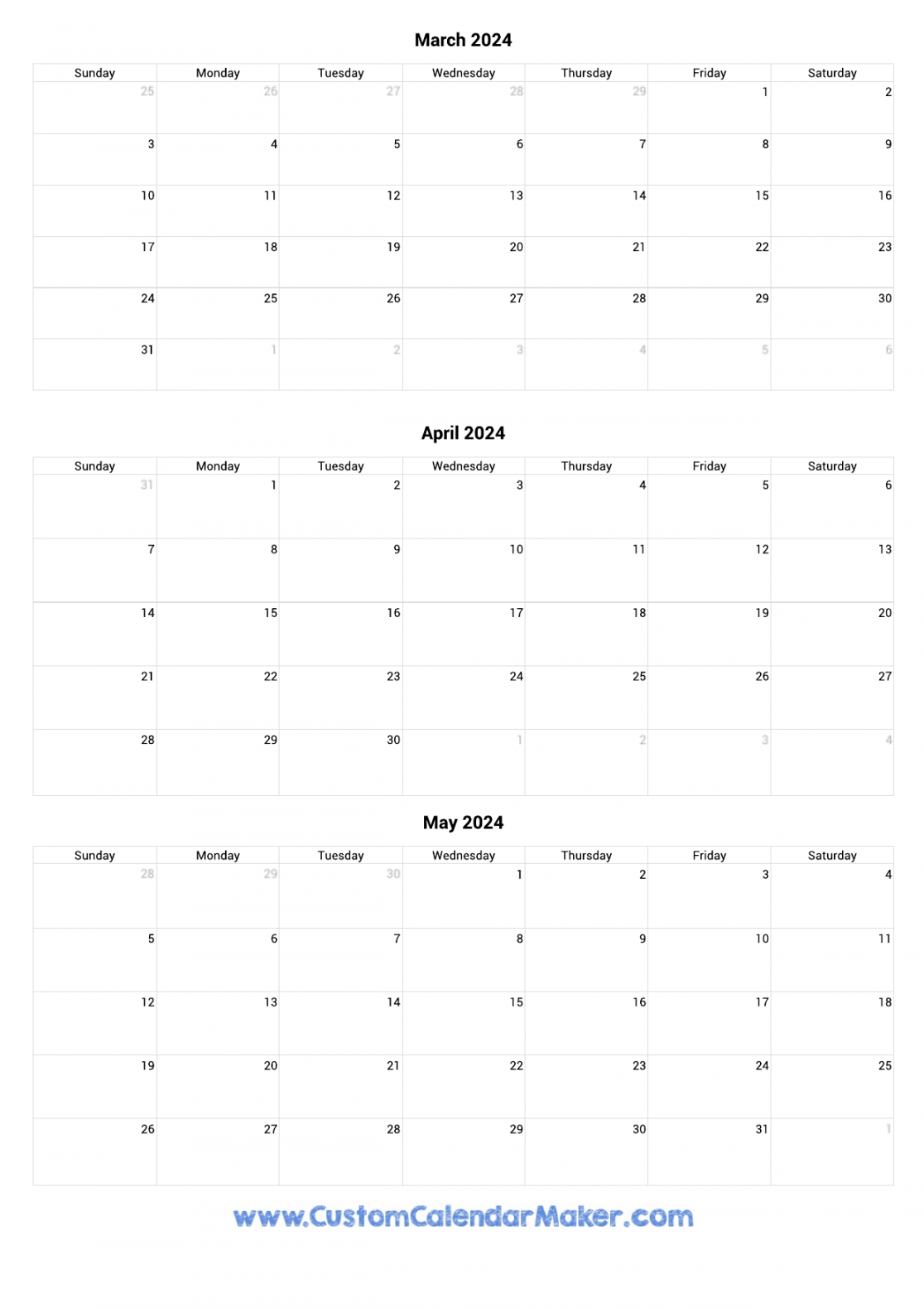 March to May  Calendar Printable