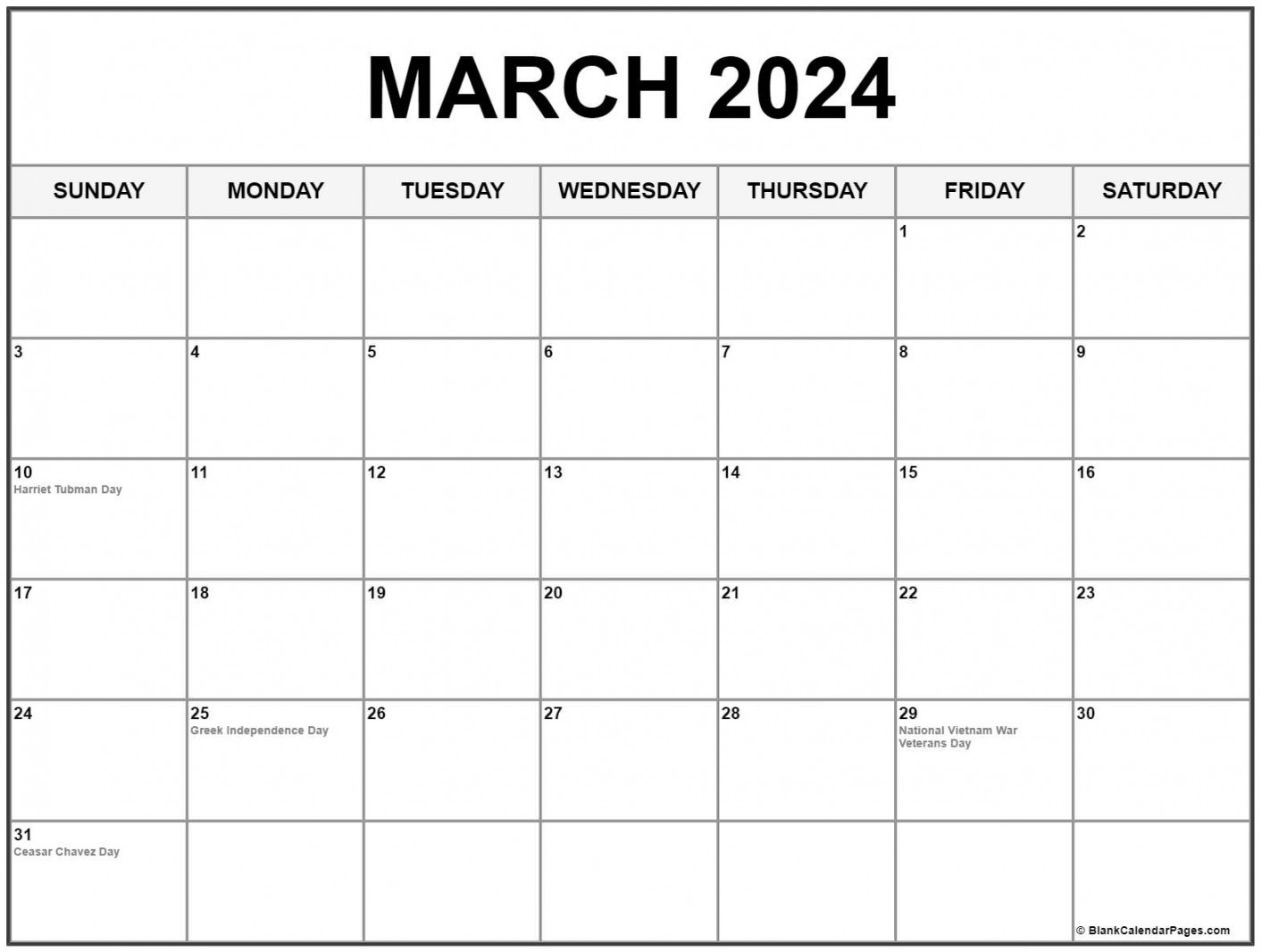 March  with holidays calendar