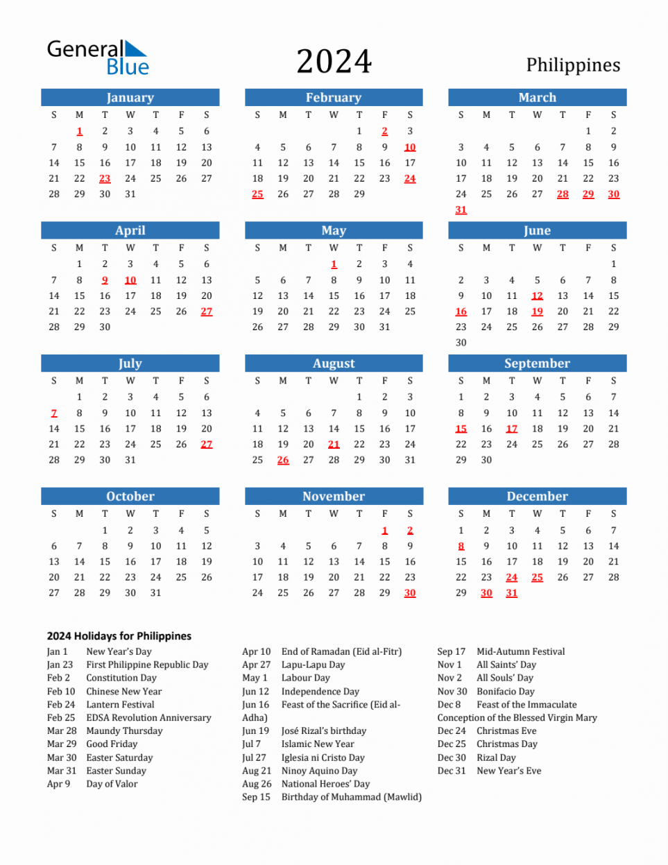 Philippines calendar with holidays