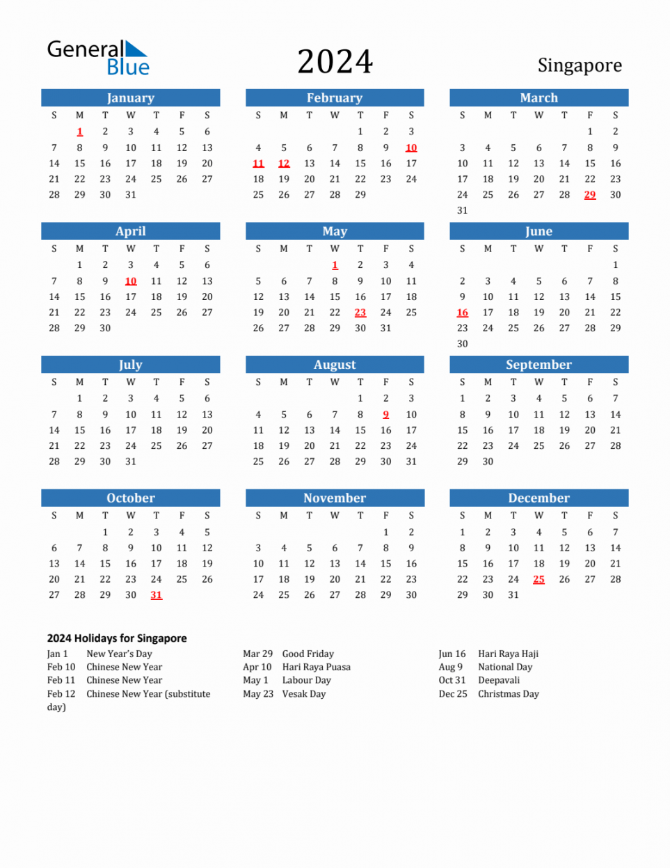 Singapore Calendar with Holidays