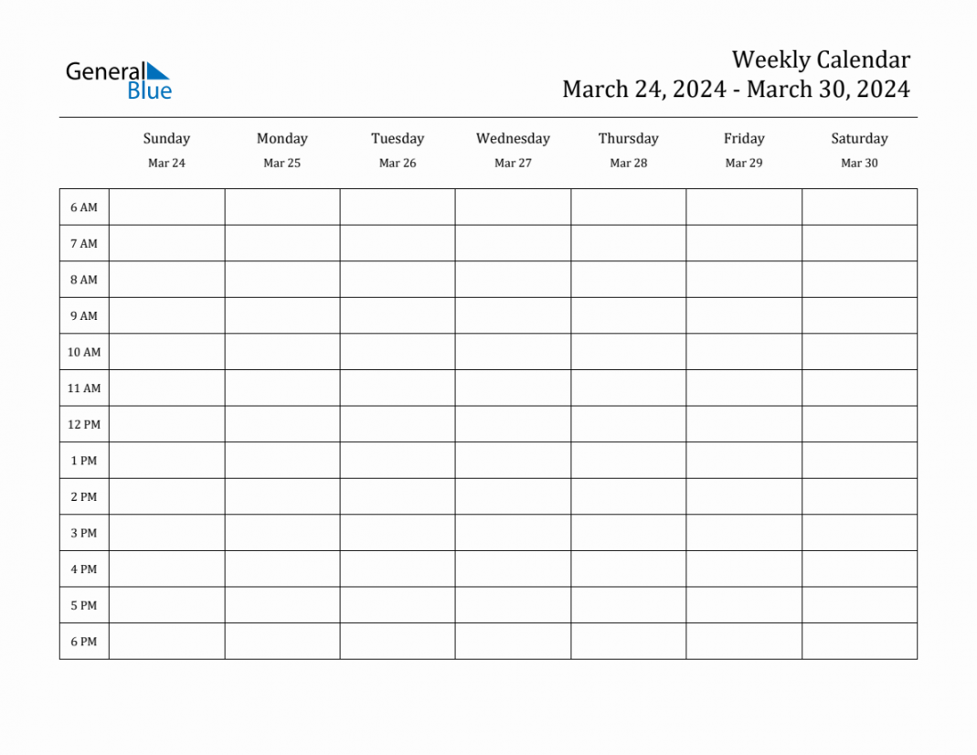 Weekly Calendar - March , 20 to March , 20 - General Blue