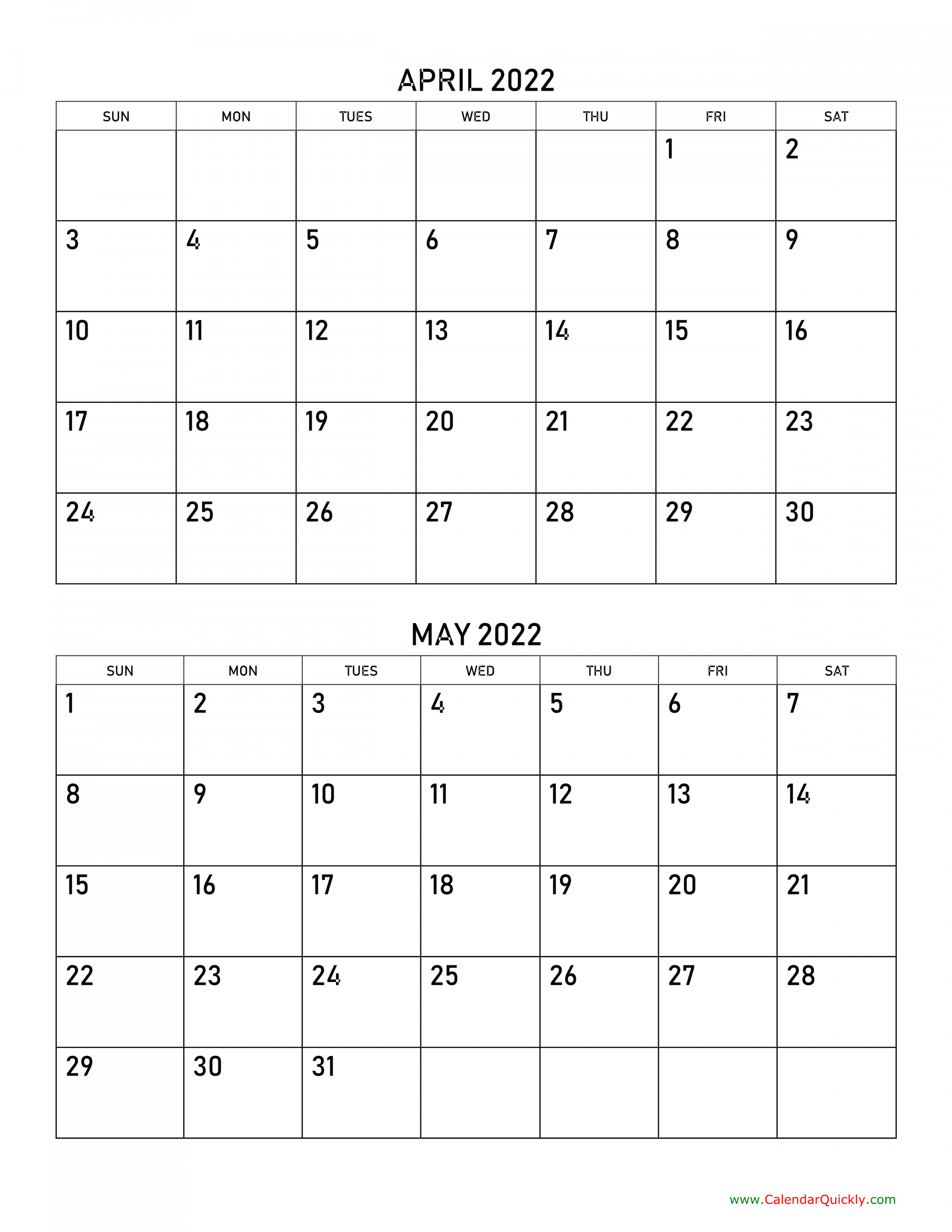 April and May  Calendar  Calendar Quickly