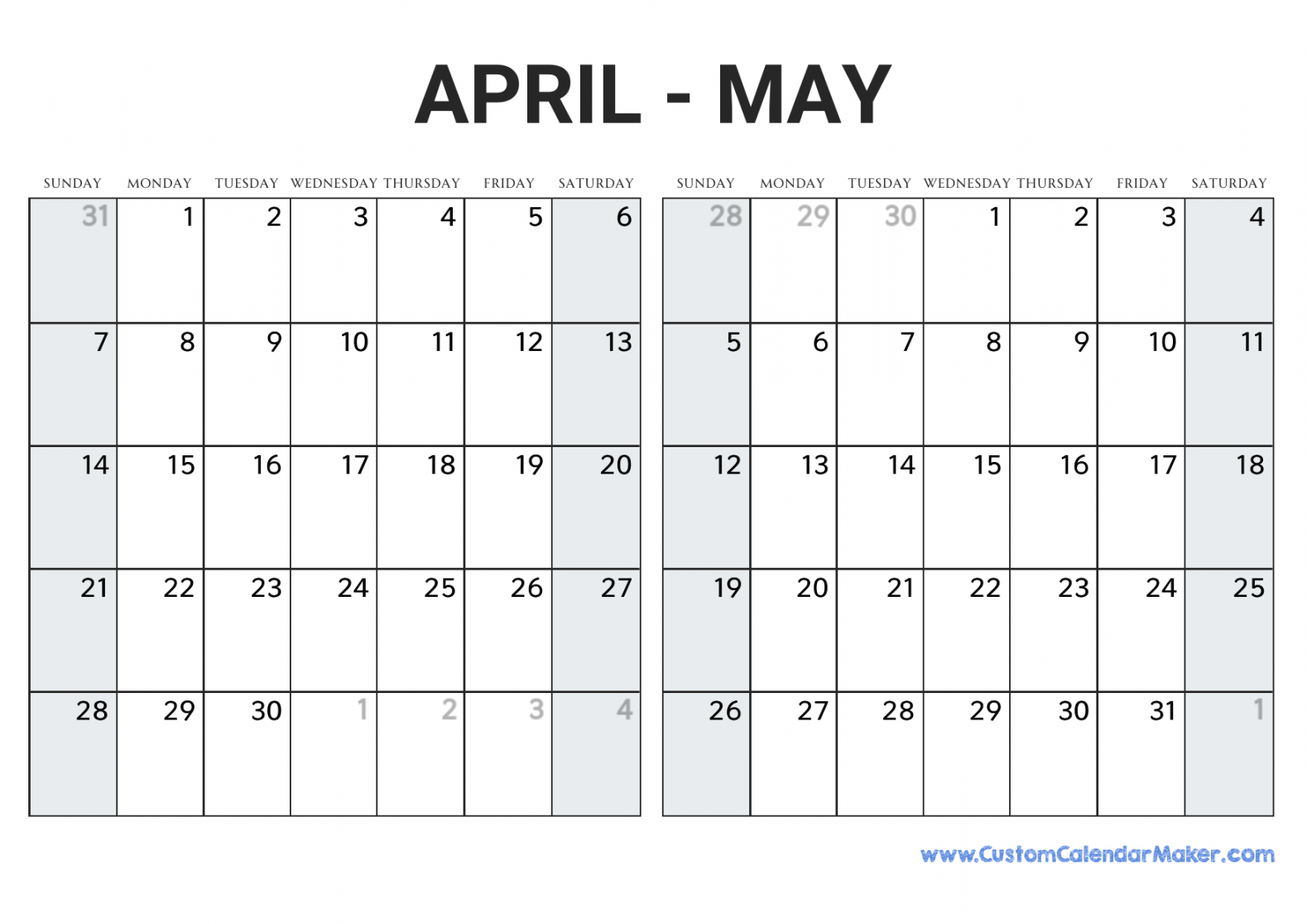 April and May  Calendar