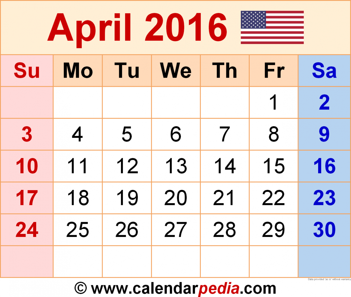 April  Calendar  Templates for Word, Excel and PDF