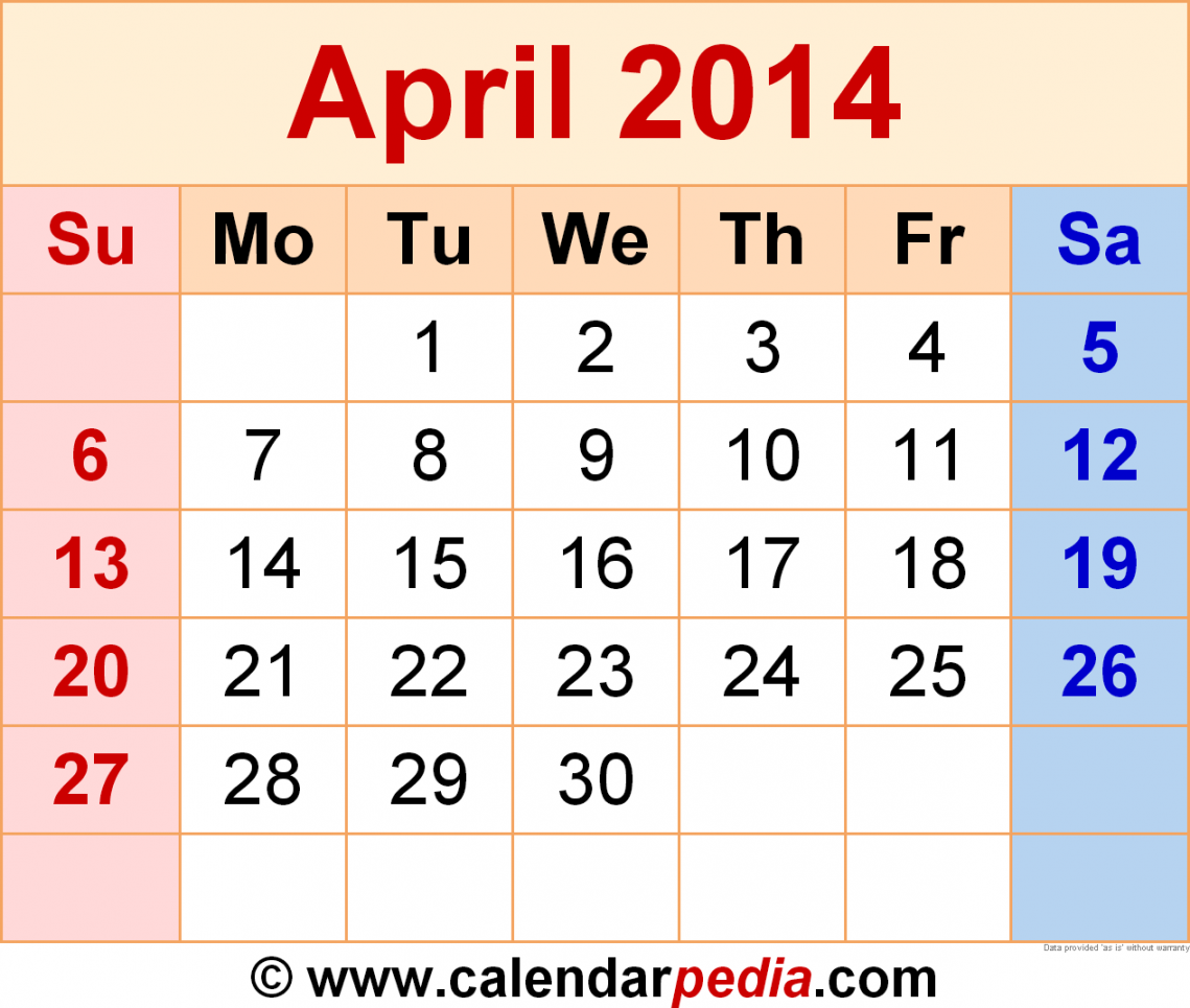 April  Calendar  Templates for Word, Excel and PDF