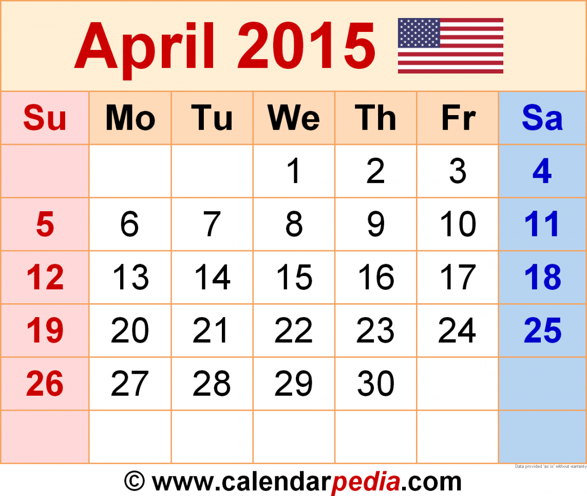 April  Calendar  Templates for Word, Excel and PDF