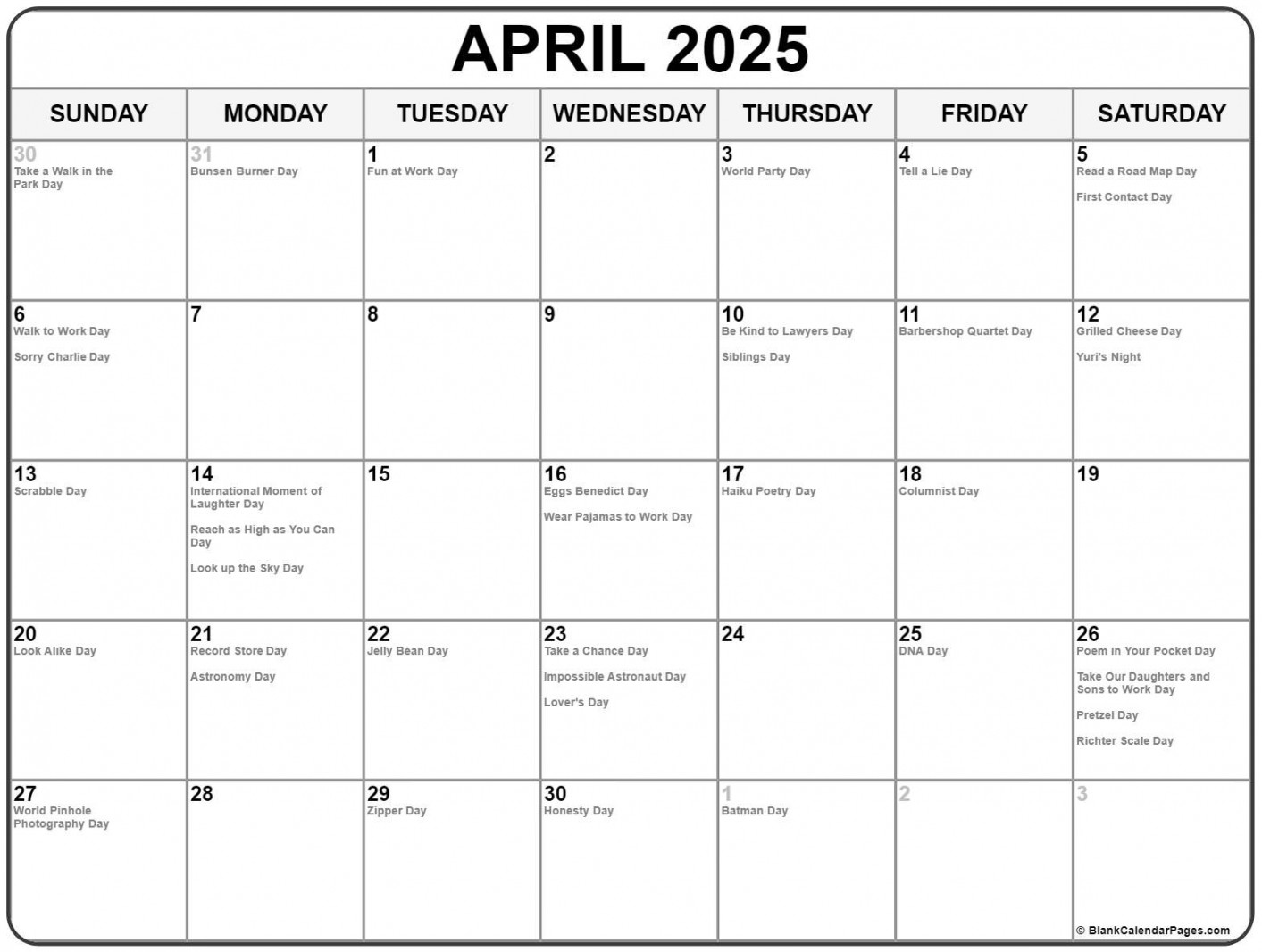 April  with holidays calendar