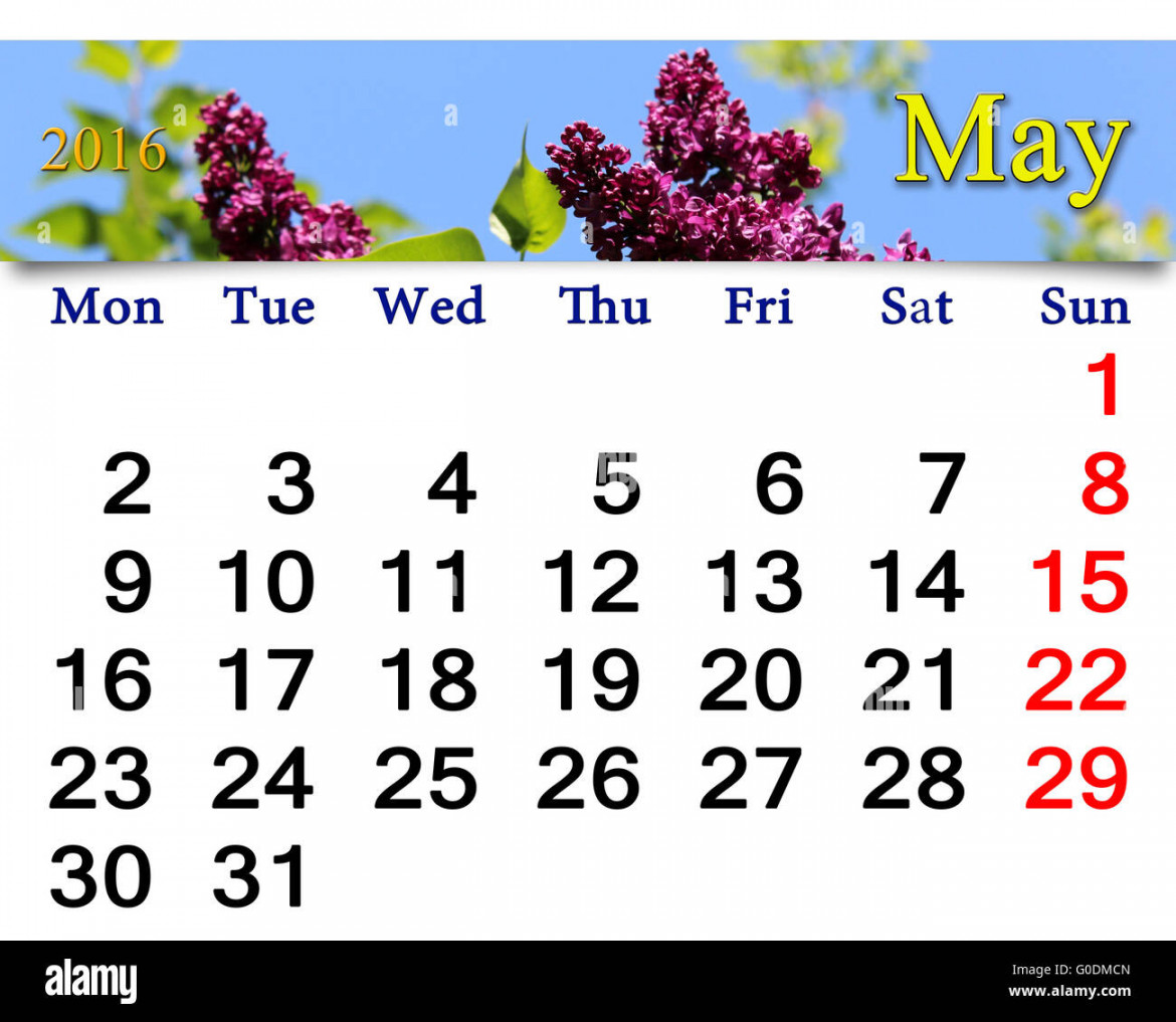 calendar for May of  with flowers of lilac Stock Photo - Alamy