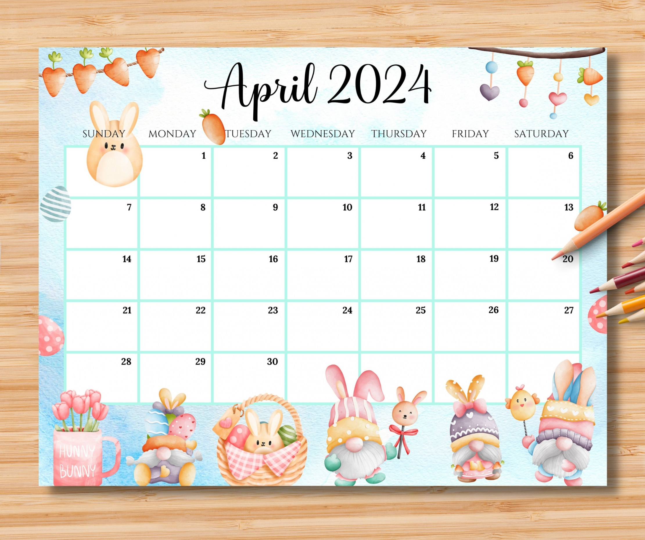 EDITABLE April  Calendar, Happy Easter Day With Cute Gnomes